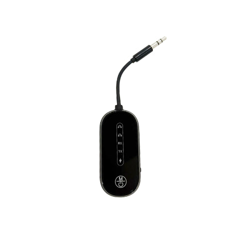 The Sedation Stethoscope Enhancement Package is a black Bluetooth upgrade kit and wireless audio transmitter/receiver with a short 3.5mm cable, labeled indicator lights, and power button—perfect for wireless monitoring with Sedation Stethoscope setups.
