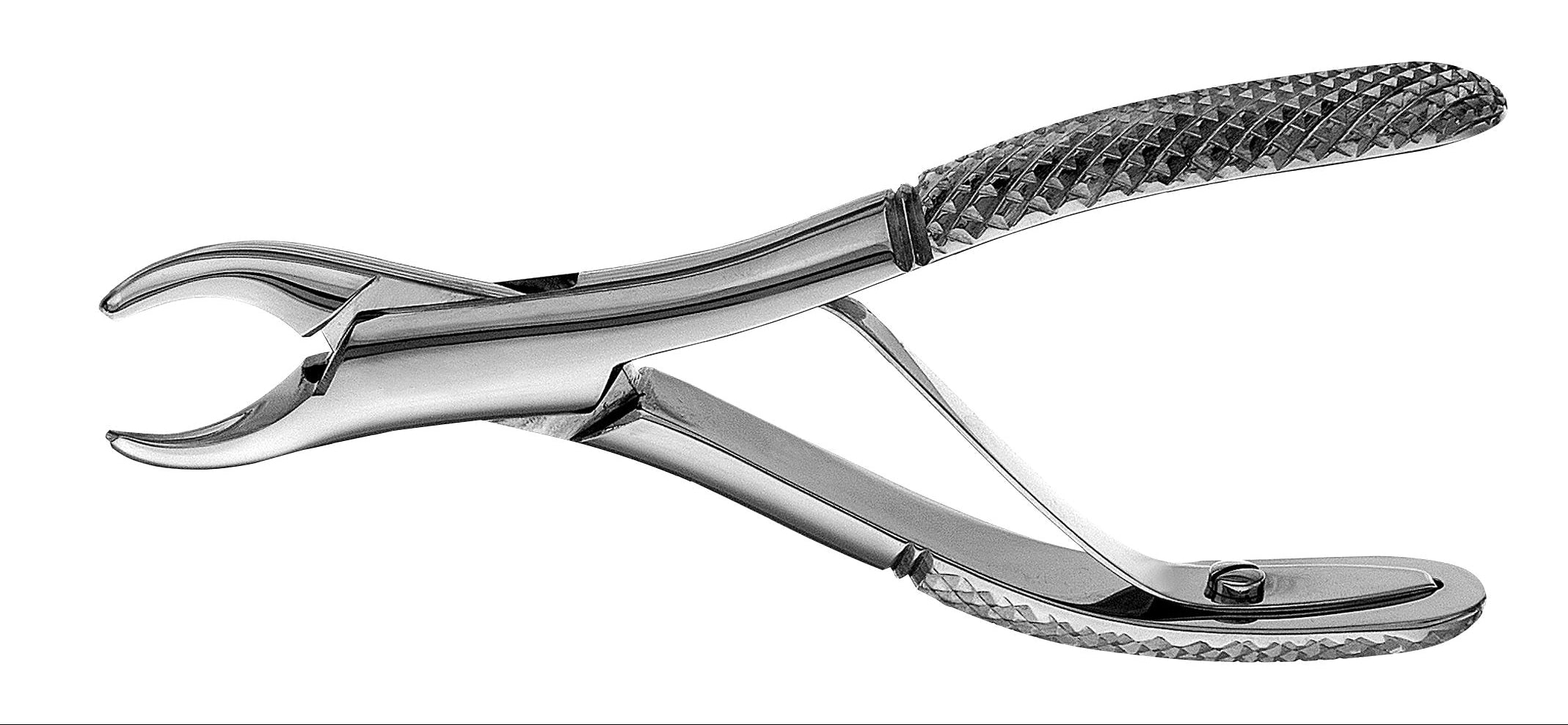 The Hu-Friedy Kinder Pediatric Extraction Forceps by Hu-Friedy, made of stainless steel with textured handles for gripping and extracting primary teeth, is displayed against a white background.