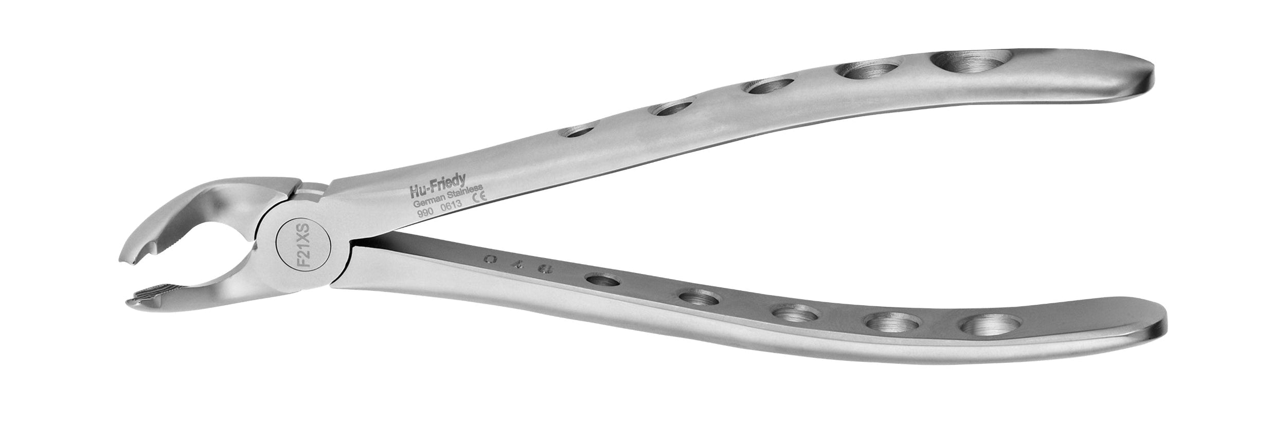 The Hu-Friedy Atraumair Extraction Forceps – Lower Arch is a stainless steel instrument with a curved beak and perforated handles, designed for lower arch extractions, shown isolated on a white background.