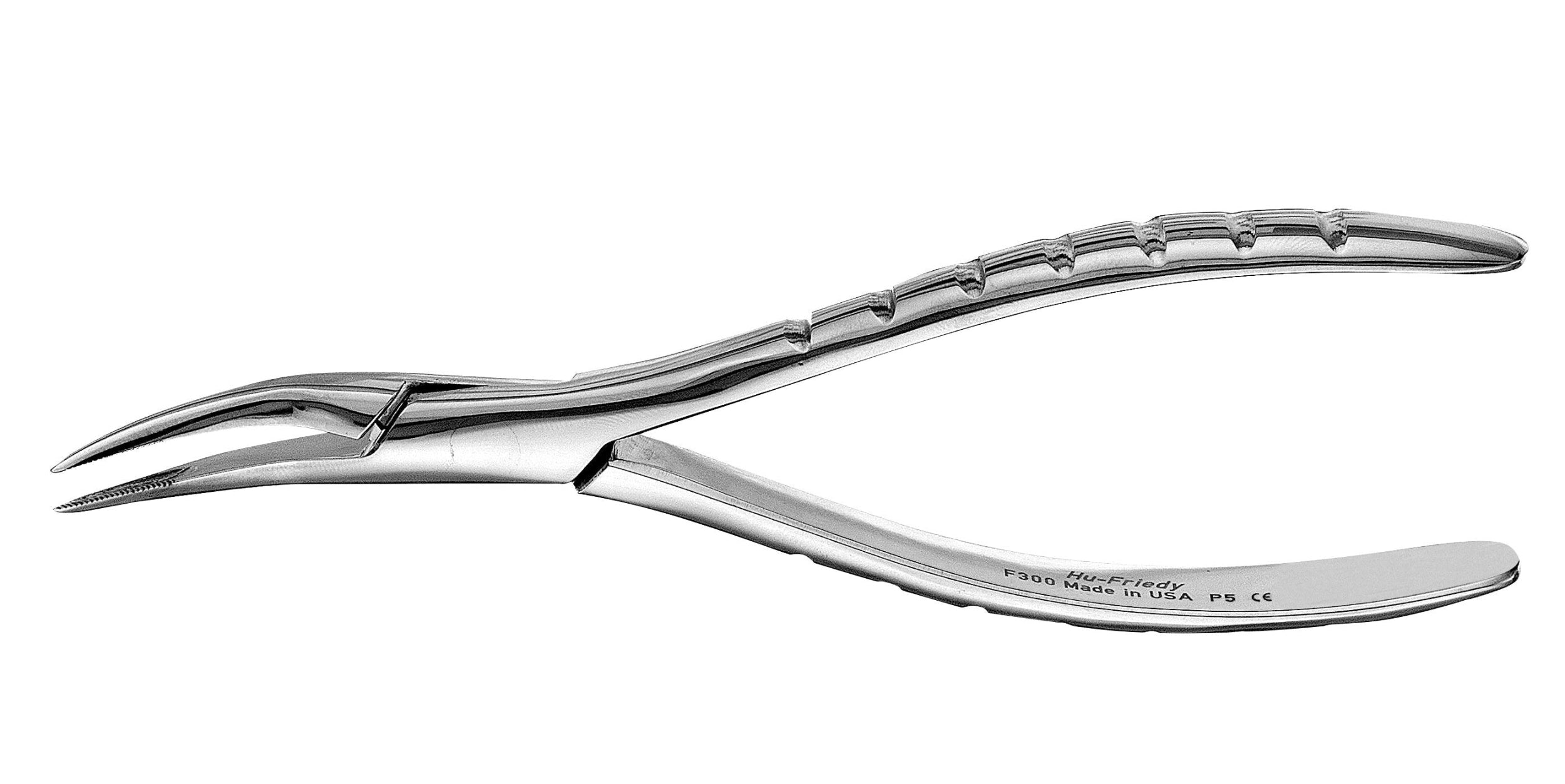 The Hu-Friedy Presidential Roots Forceps by Hu-Friedy feature a curved beak and ergonomic ridged handles for efficient dental root fragment removal, shown on a white background.