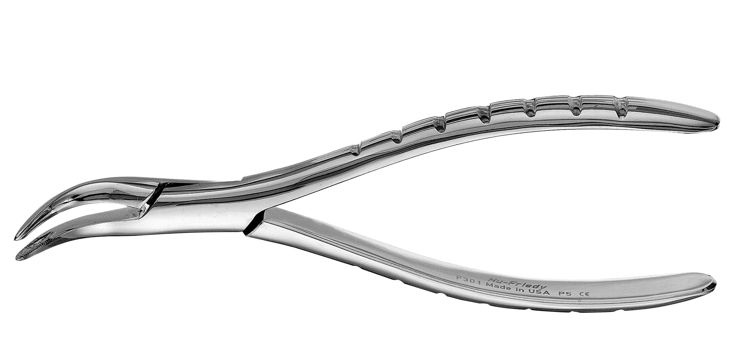 A close-up of the Hu-Friedy Presidential Roots Forceps, crafted from surgical-grade stainless steel with grooved handles and curved, pointed beaks for effective tooth gripping and extraction.
