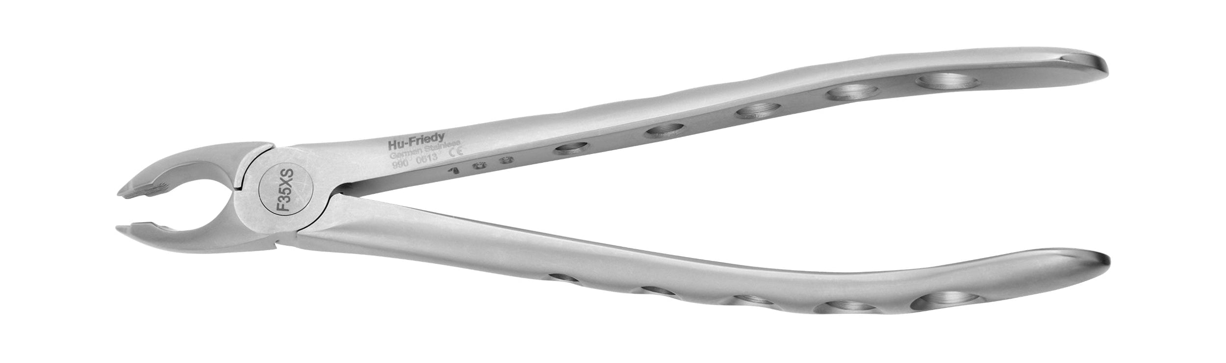 The Hu-Friedy Atraumair Extraction Forceps – Upper Arch feature stainless steel, curved handles with circular grip holes for atraumatic tooth removal; model F36XS is engraved near the hinge.