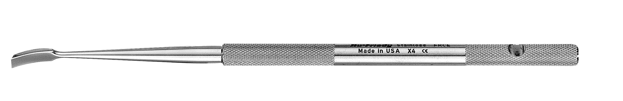 The Hu-Friedy Freer Curved Chisel Elevator is a stainless steel instrument with a textured handle and curved, flat tip, ideal for extracting or loosening teeth during periodontal surgery. Made in the USA.