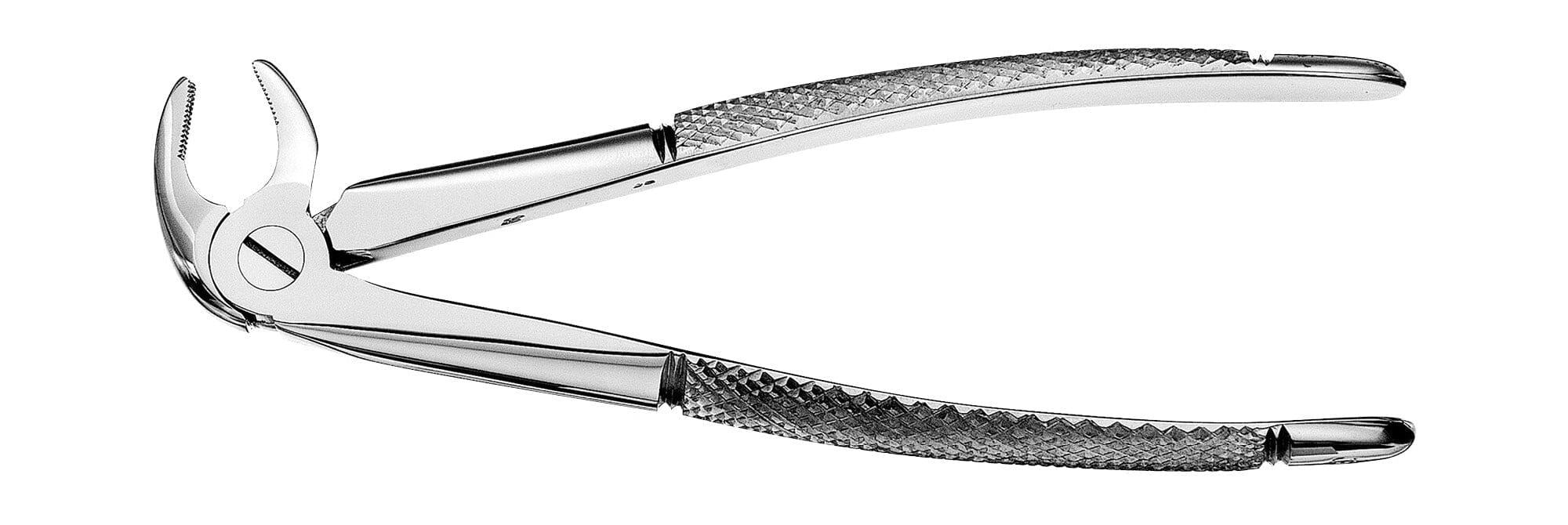 The Hu-Friedy European (English) Pattern Extraction Forceps by Hu-Friedy, featuring textured handles for gripping teeth during crown extractions, are displayed against a white background.
