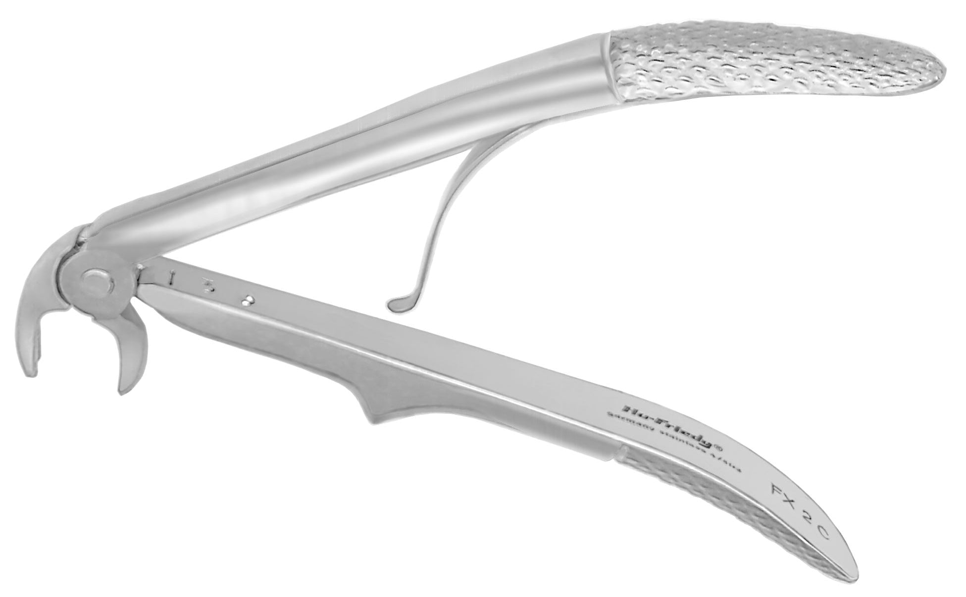 Hu-Friedy Kinder European Pediatric Extraction Forceps—textured grip, curved beak, for atraumatic primary tooth extraction or pediatric use—shown open on a white background. Brand: Hu-Friedy.