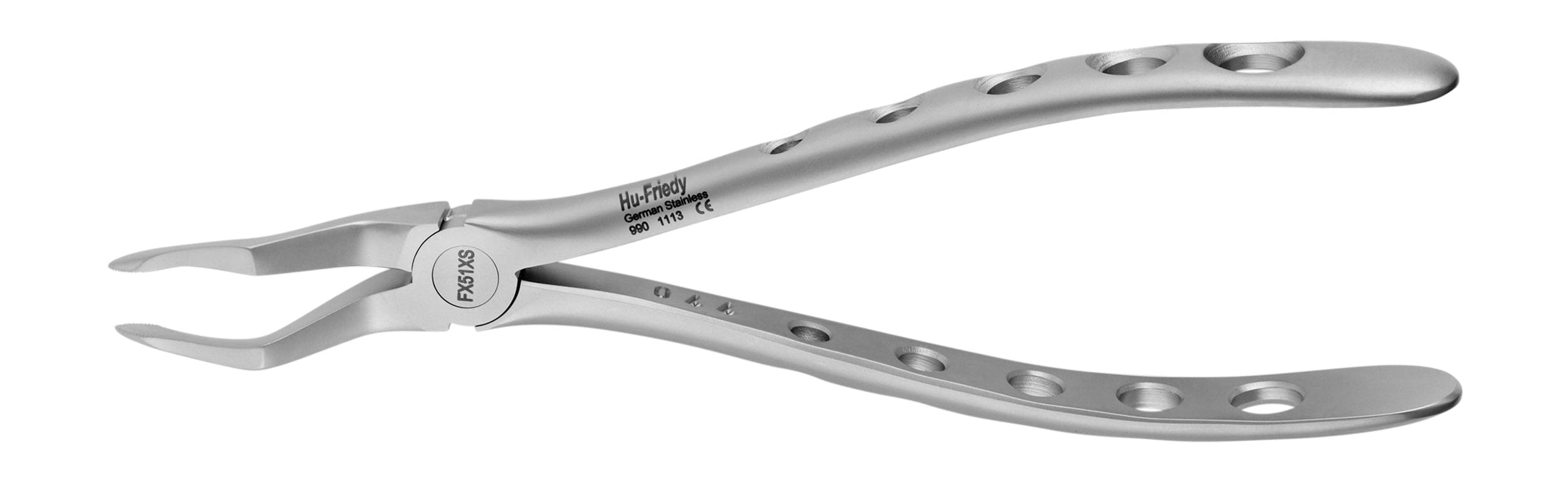 The Hu-Friedy Atraumair Extraction Forceps – Upper Arch by Hu-Friedy features curved, notched jaws and perforated handles, designed for atraumatic upper tooth extractions.