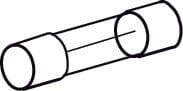 A simple black and white line drawing of a cylindrical glass fuse with metal caps on both ends, like the W&H Fuse 250V T1.25 A used in Piezomed SA-320 and Implantmed SI-915 (Not Classic).