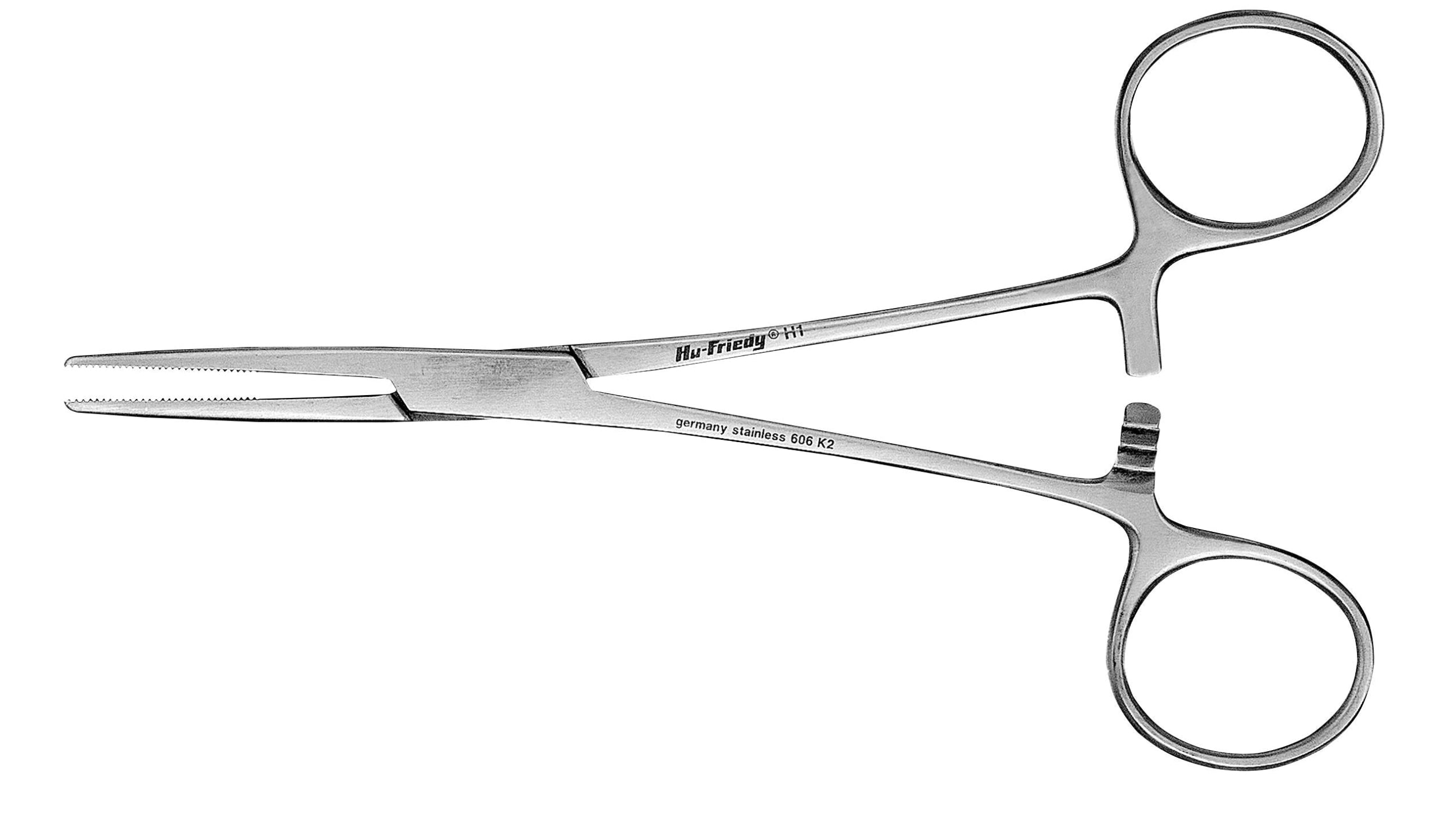 The Hu-Friedy Kelly Hemostats by Hu-Friedy are stainless steel surgical forceps with finger rings and a locking mechanism, commonly used in dental procedures, shown isolated on a white background.