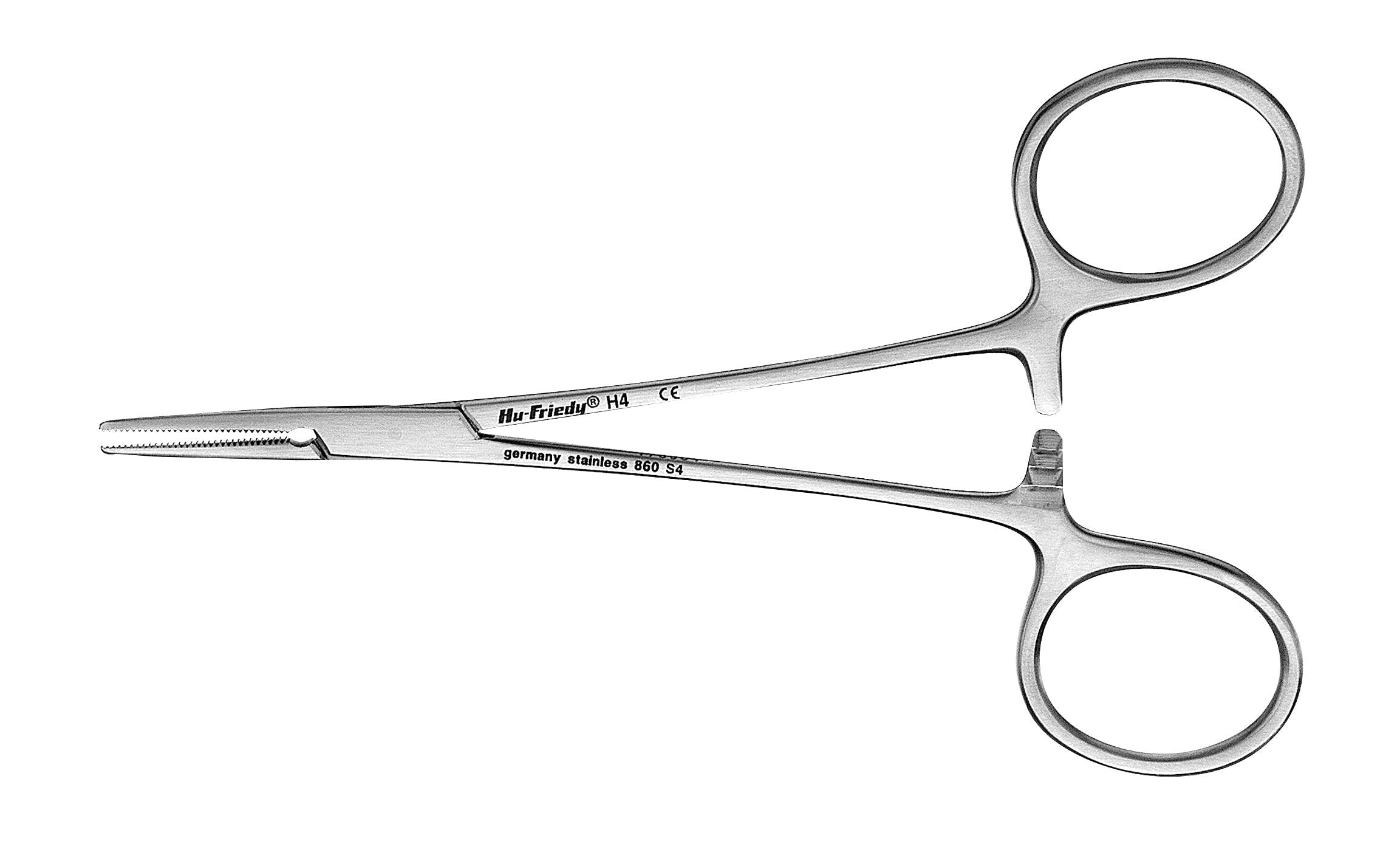 The Hu-Friedy Mosquito Hemostats by Hu-Friedy are stainless steel instruments with a locking mechanism, two finger loops, and serrated tips for clamping blood vessels during medical procedures.