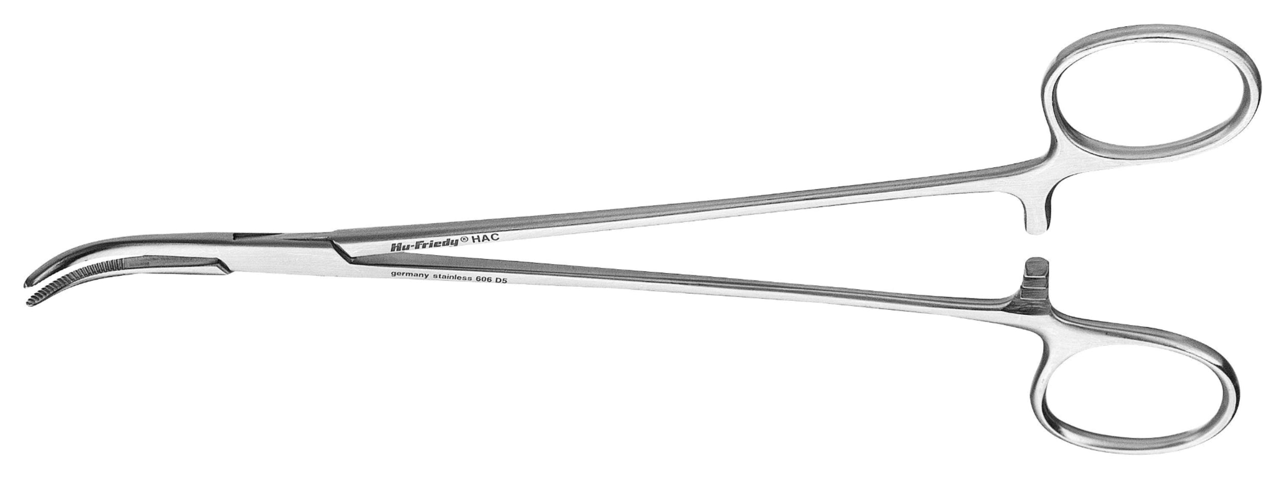 The Hu-Friedy Adson 7.5" Hemostats are stainless steel curved forceps with finger loops and a locking mechanism, ideal for clamping blood vessels during procedures that require extended reach.