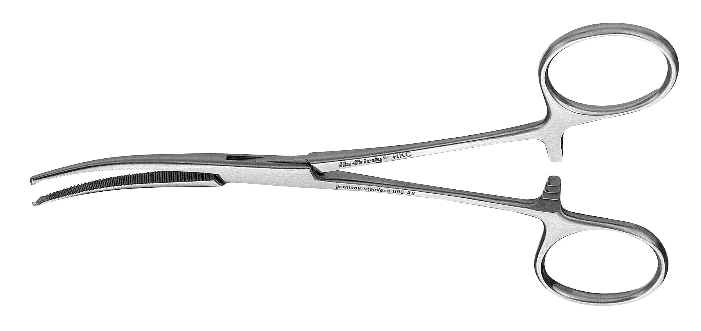 The Hu-Friedy Kocher Curved Hemostat, made of stainless steel with two finger rings, a locking mechanism, and a 1×2 toothed jaw, is widely used to control bleeding in medical and surgical procedures.