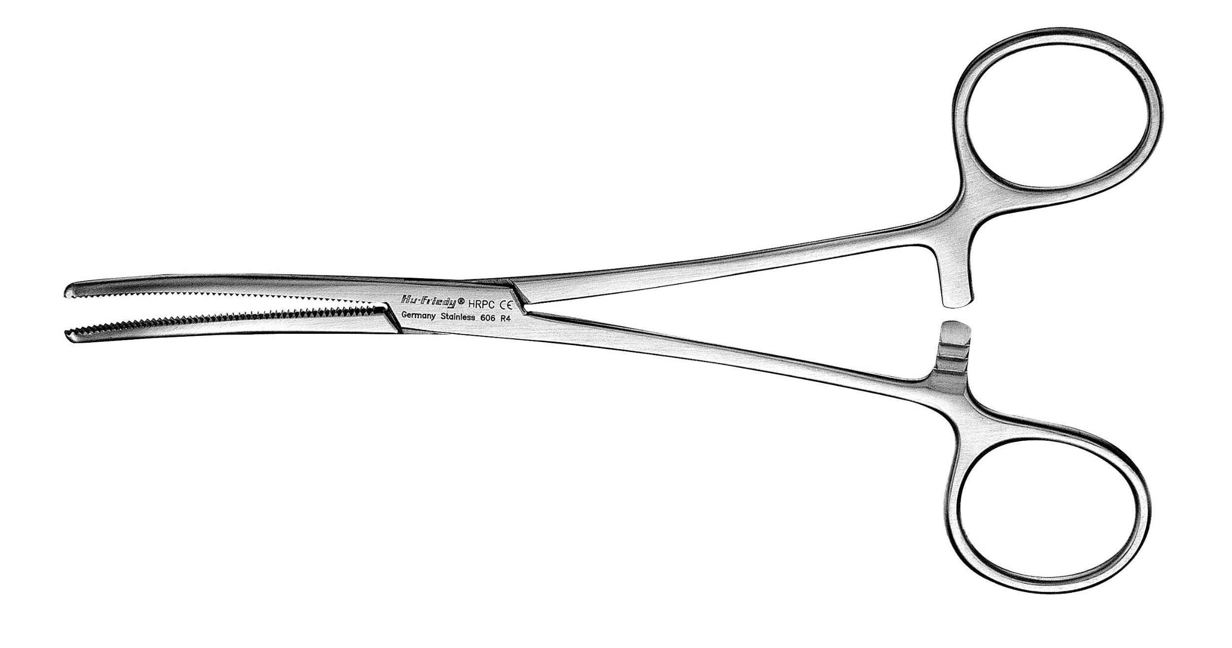The Hu-Friedy Rochester-Pean Curved Hemostats are stainless steel instruments with finger loops and serrated jaws, designed for gripping or vessel occlusion during medical procedures, shown on a white background.