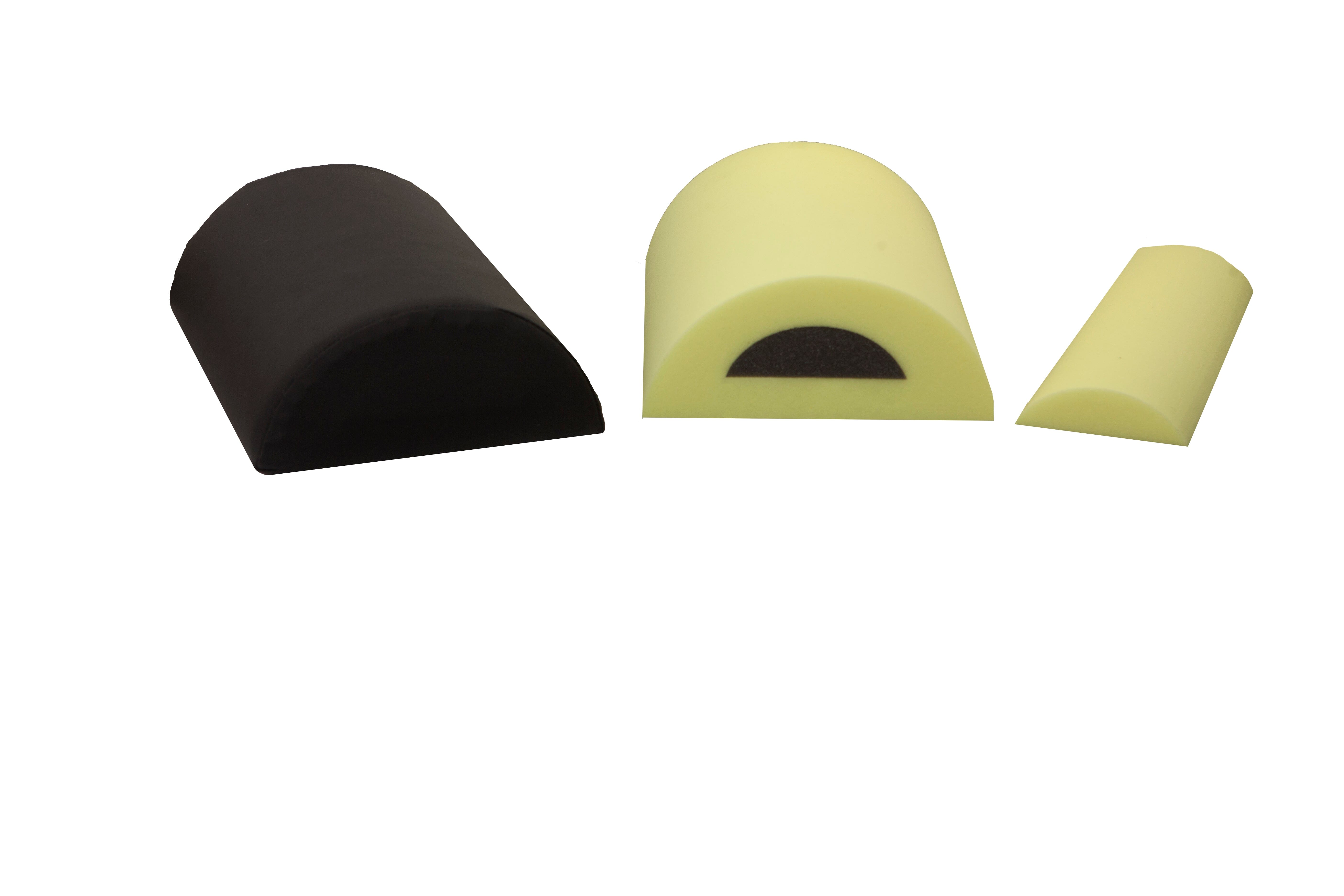 Three Mediposture iCore Memory Backrest foam supports are displayed—black and two yellow half-cylinders, ideal for lumbar or dental patient comfort. The center yellow piece has a black semicircle inside, all shown on a white background.