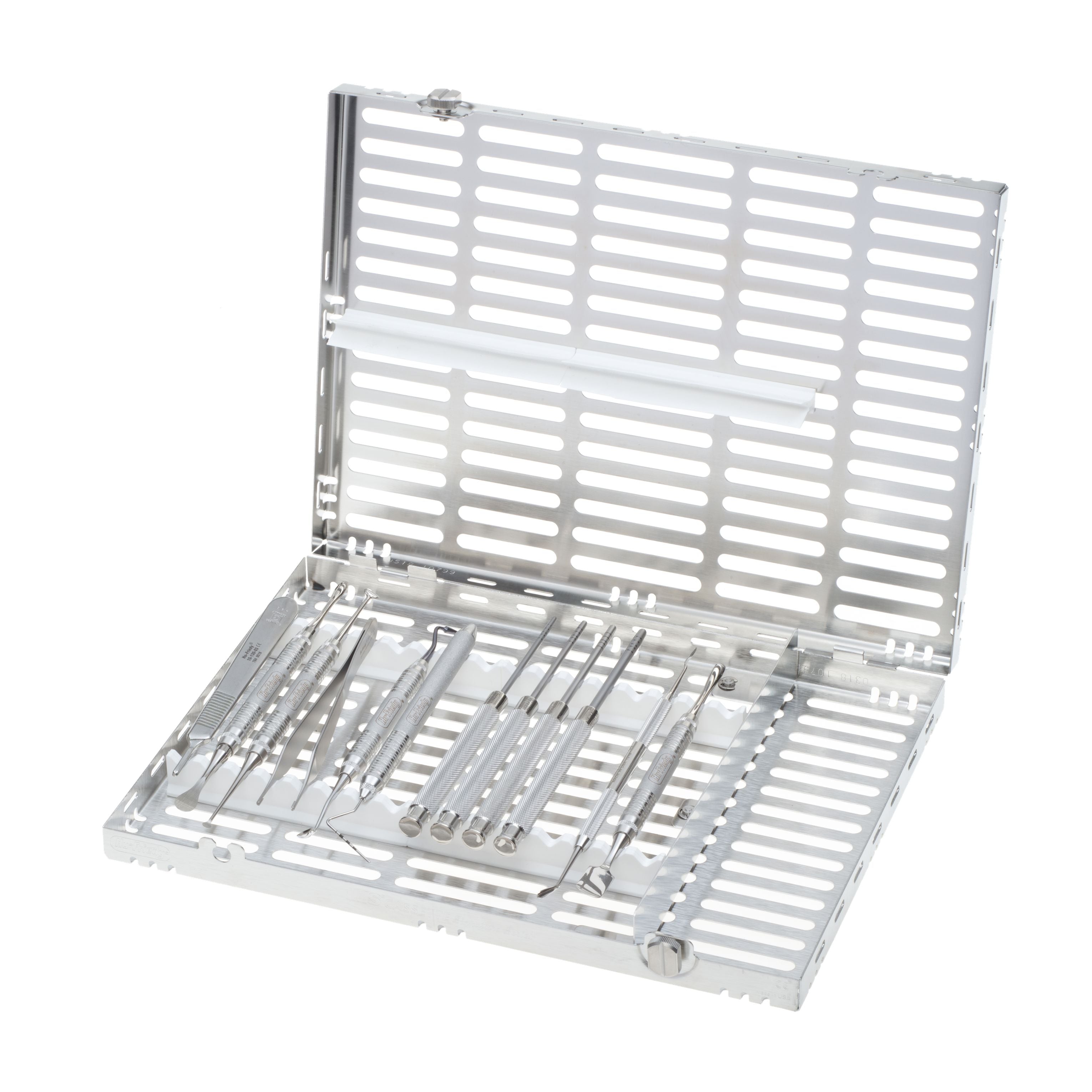 The Hu-Friedy Crestal Sinus Lift Kit by Hu-Friedy features a metal case with a hinged lid and individual slots for its stainless steel dental instruments, designed for posterior maxillary implant procedures. Perforations ensure proper ventilation.