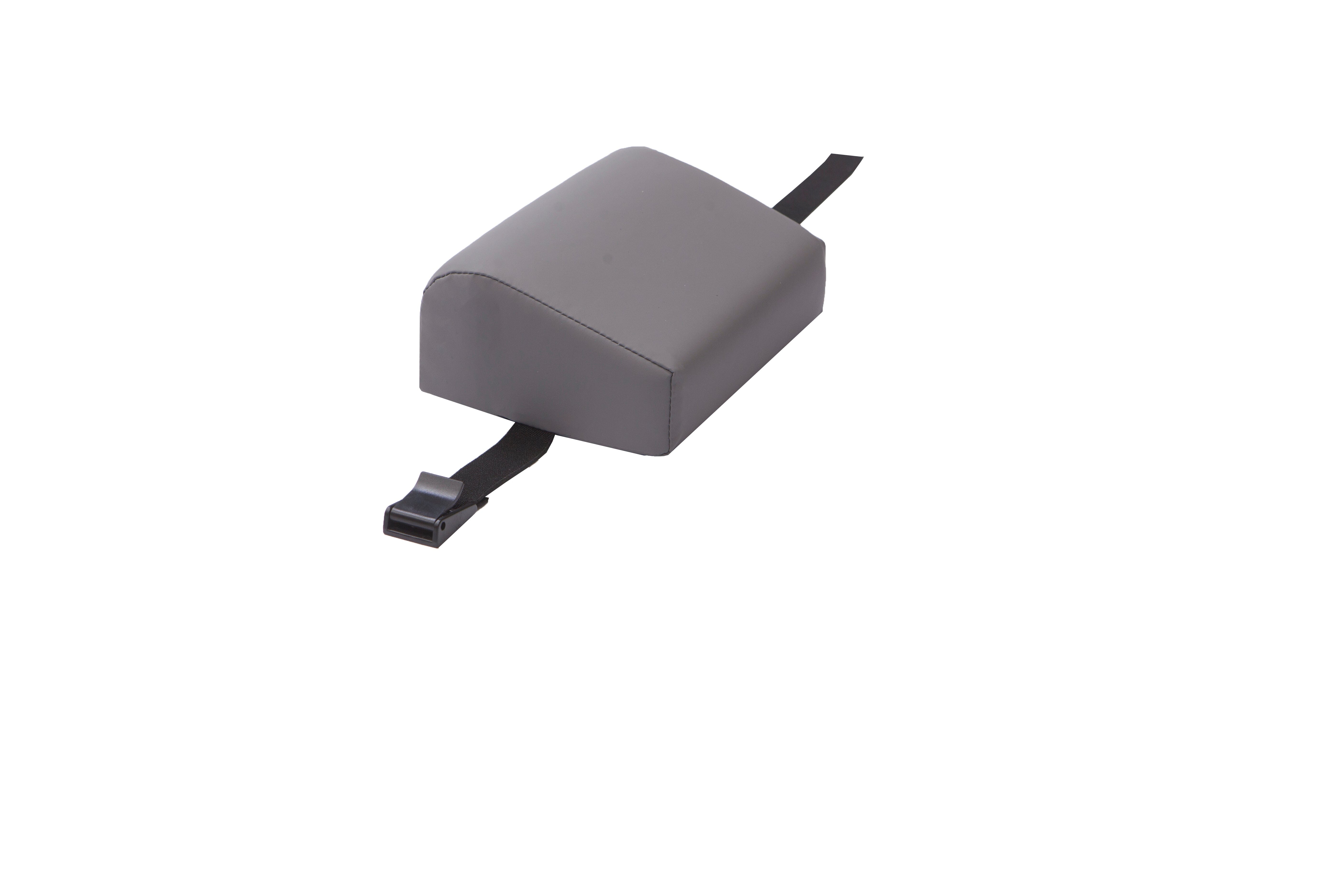 The Mediposture 4" Classic Memory Headrest by Mediposture is a gray, rectangular memory foam cushion with a black adjustable strap and plastic buckle, pictured on a white background.