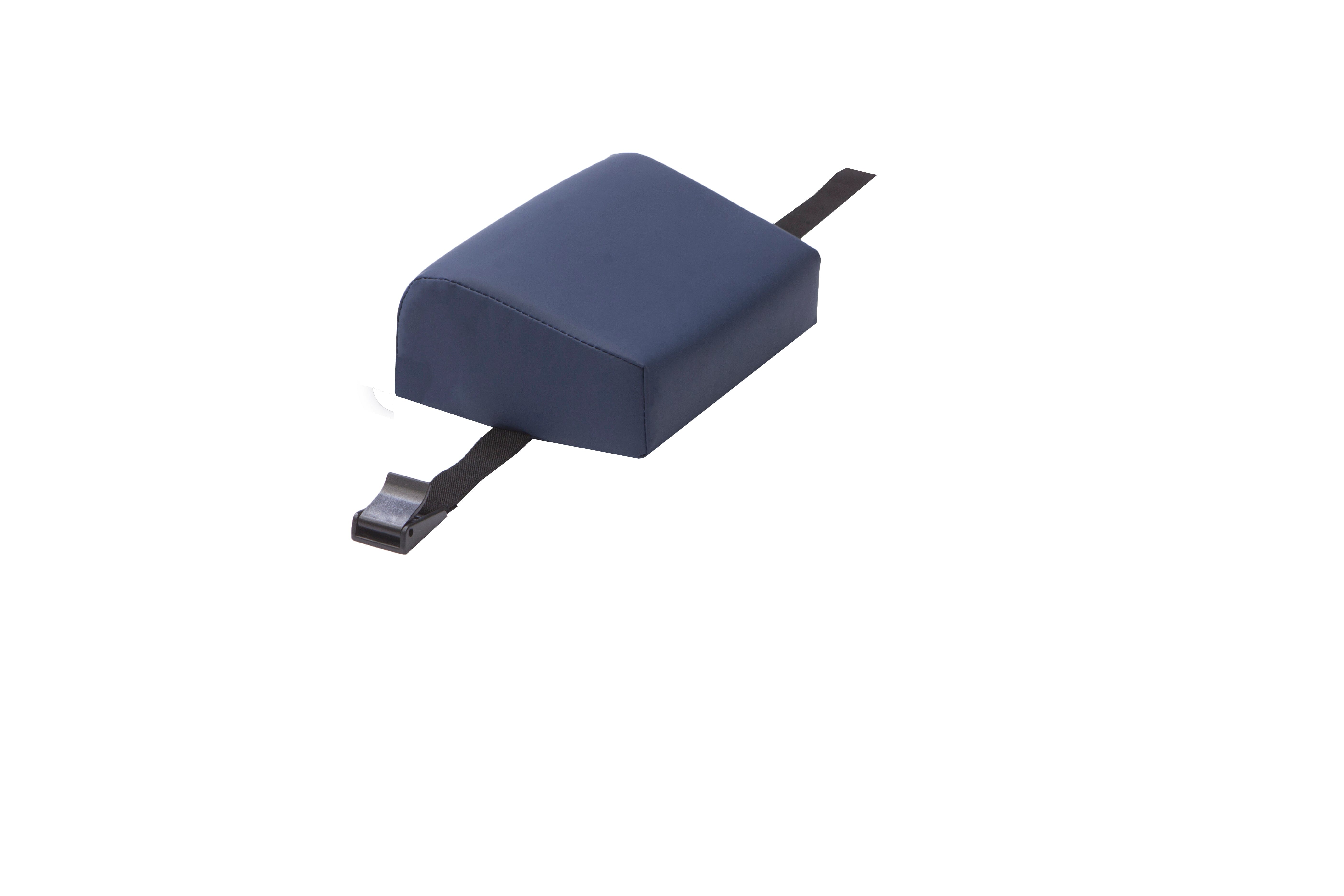 The Mediposture 4" Classic Memory Headrest by Mediposture is a rectangular, dark blue memory foam cushion with a black strap and plastic buckle, designed to improve dental patient comfort. Displayed on a white background.