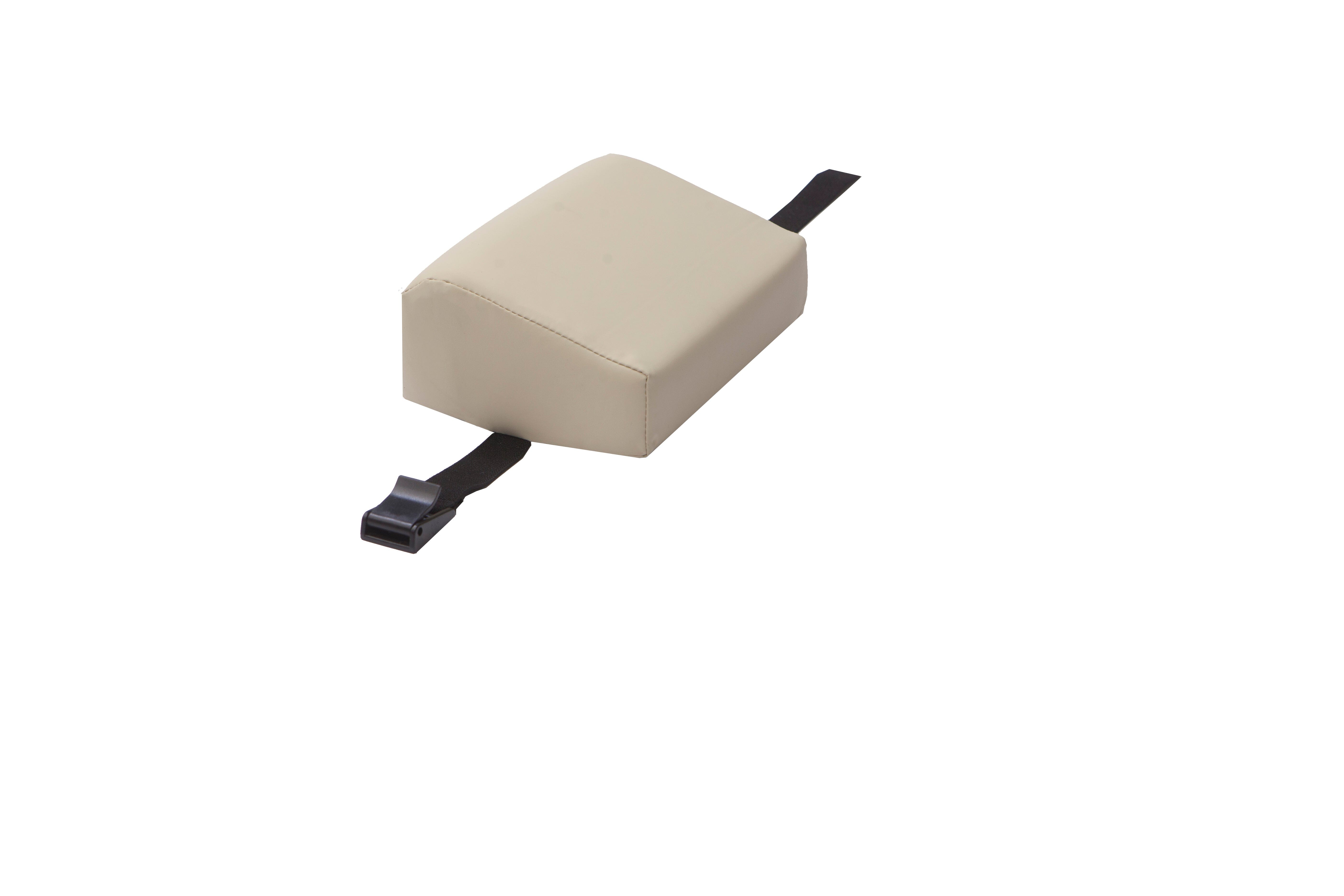 The Mediposture 4" Classic Memory Headrest by Mediposture is a beige rectangular padded memory foam headrest with a black strap and plastic buckle, designed to enhance dental patient comfort.