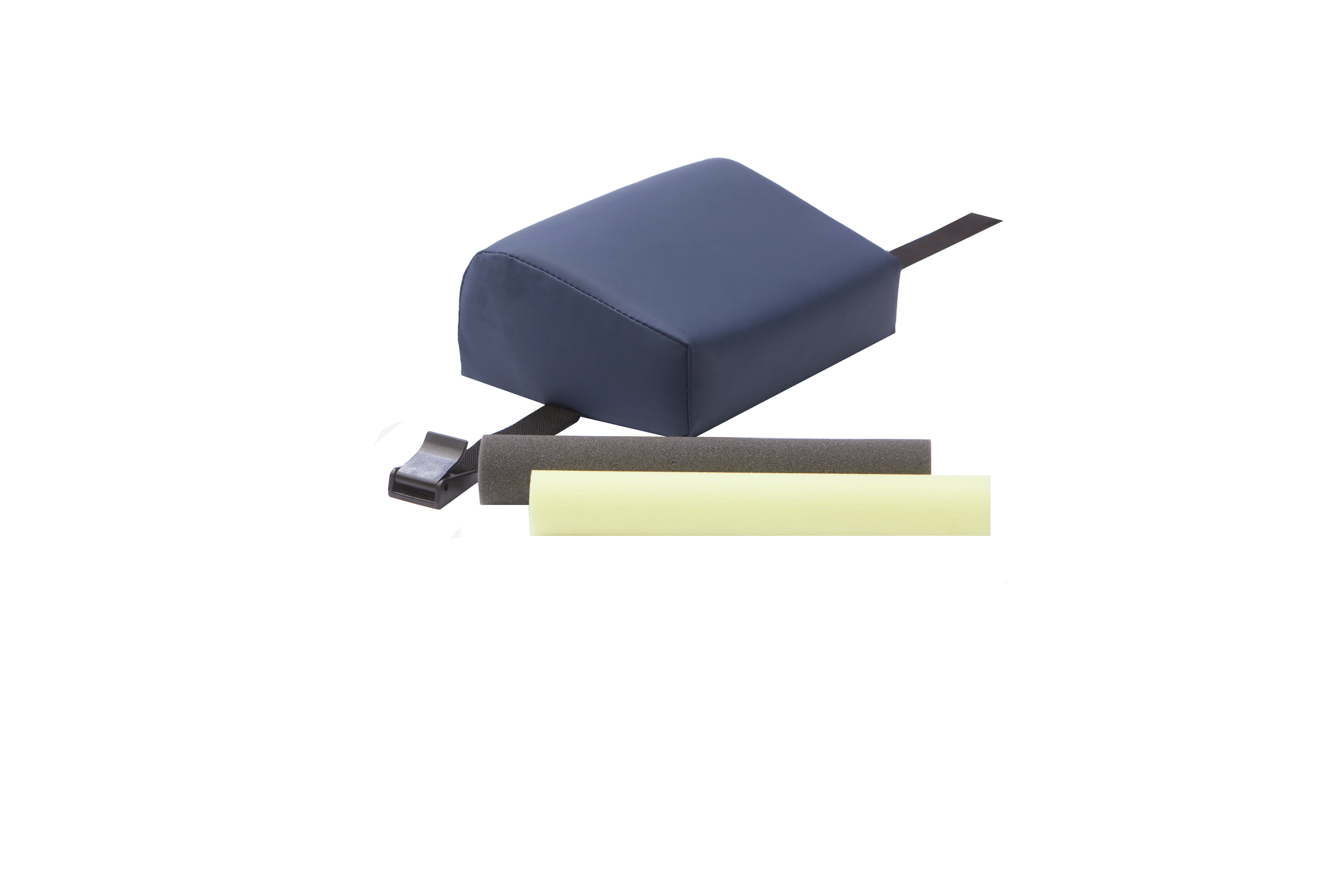 The Mediposture 3.5" iCore Memory Headrest for Dental Chairs, a dark blue wedge-shaped foam headrest with a black strap, is shown with yellow and dark gray inserts on a white background, designed for enhanced dental patient comfort.