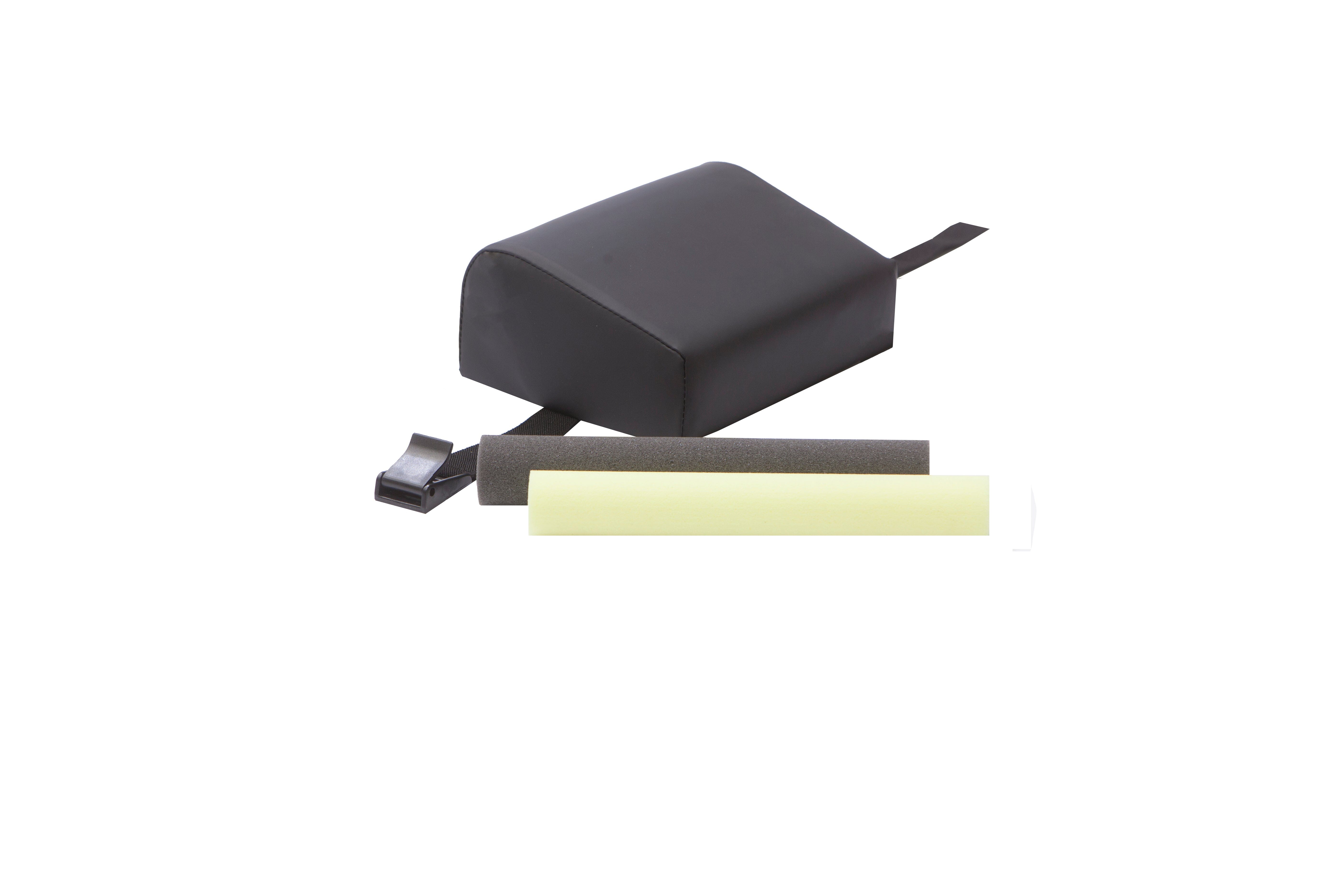The Mediposture 4" iCore Memory Headrest (black, rectangular) with strap, black plastic clip, dark gray foam cylinder, and light yellow foam cylinder for dental patient comfort—all on a white background.