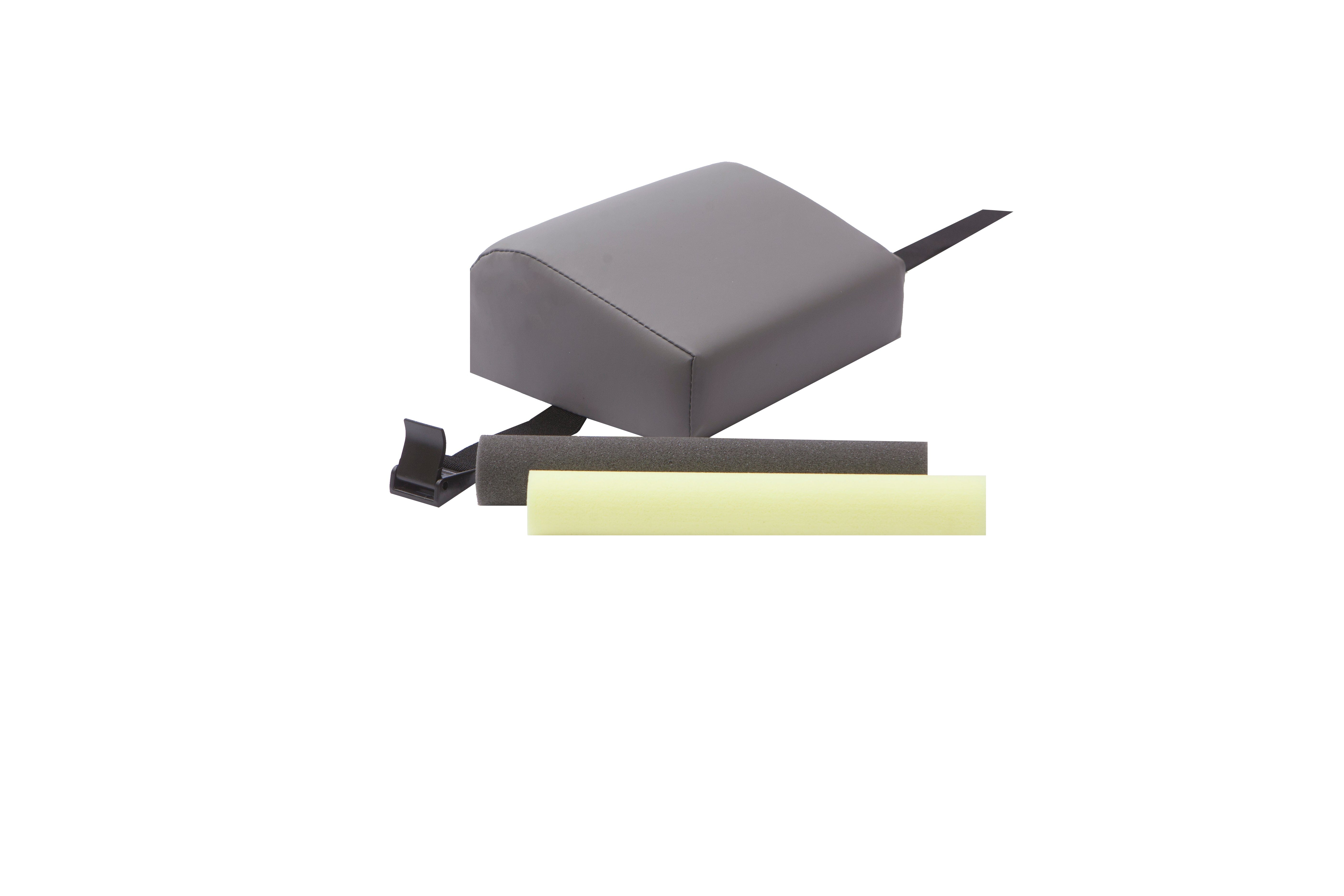 The Mediposture 3.5" iCore Memory Headrest for Dental Chairs by Mediposture features a gray rectangular cushion with a black strap and buckle, plus black and yellow foam cylinders, designed for patient comfort, shown on a white background.