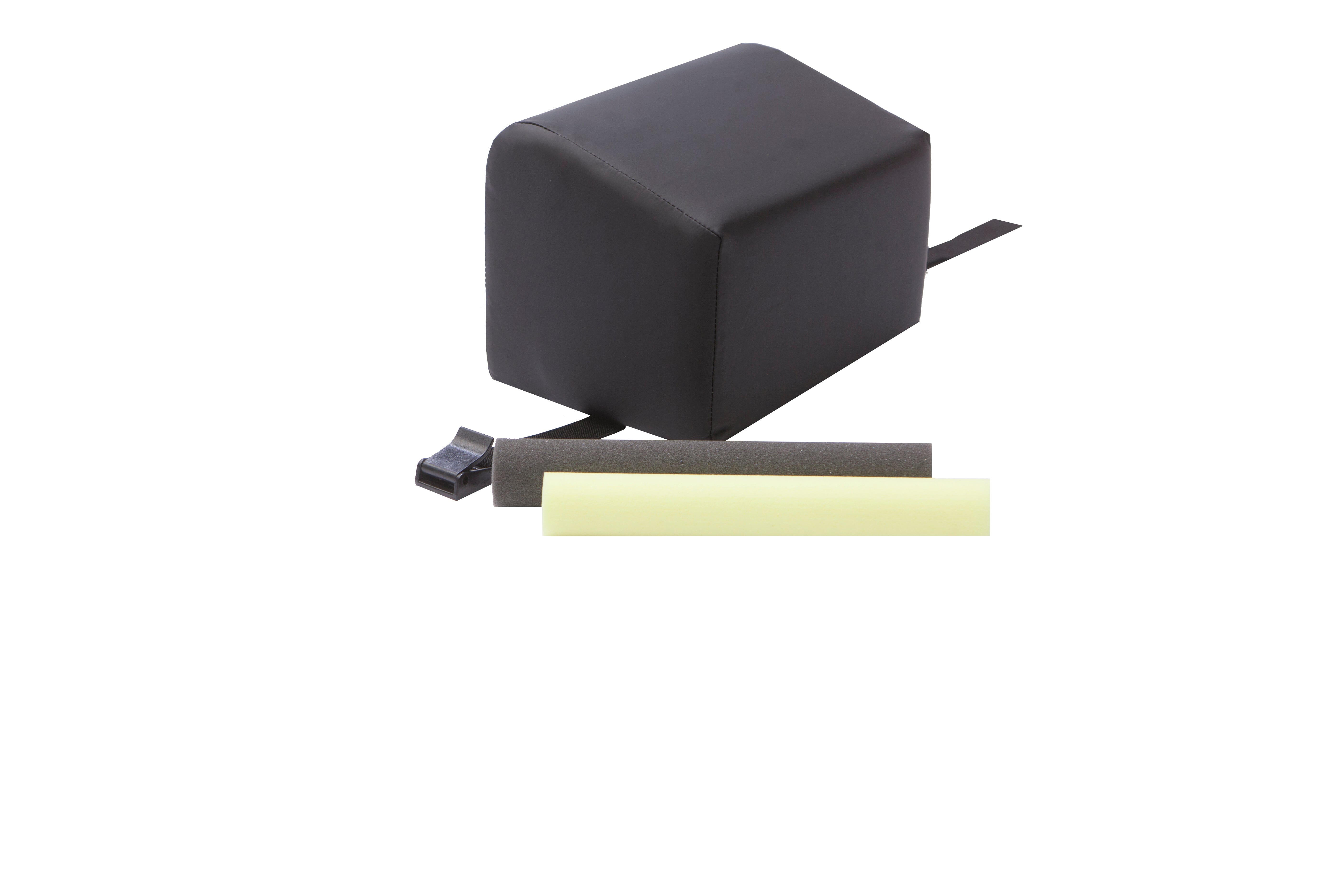 The Mediposture 6" iCore Geriatric Memory Headrest, a rectangular black cushion with strap, small black buckle, and two cylindrical foam inserts (dark gray and light yellow), enhances dental patient comfort. Shown on a white background.