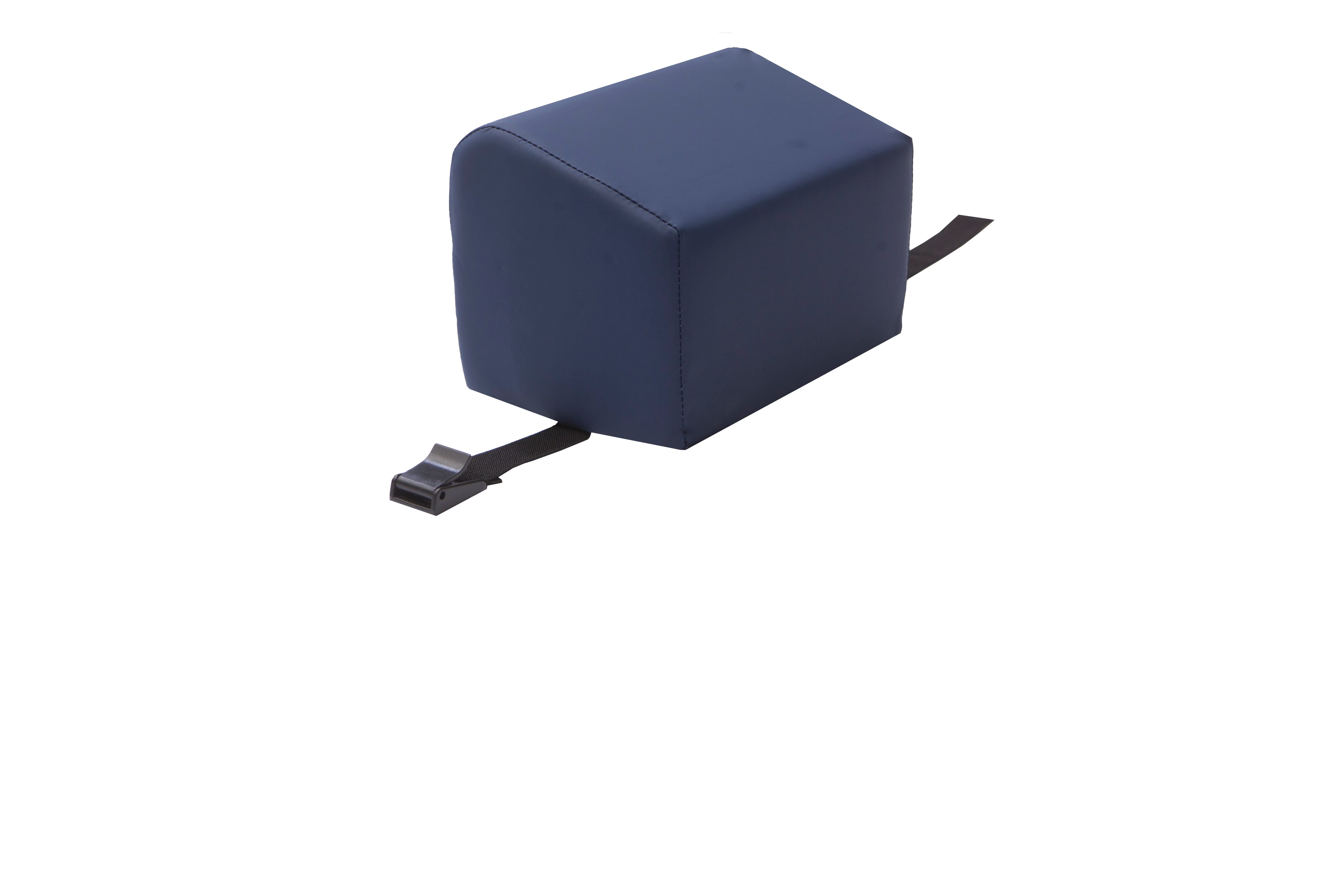 The Mediposture 6" Classic Memory Headrest by Mediposture is a dark blue, rectangular cushion with a strap and buckle for secure placement, designed to enhance patient comfort, shown on a white background.