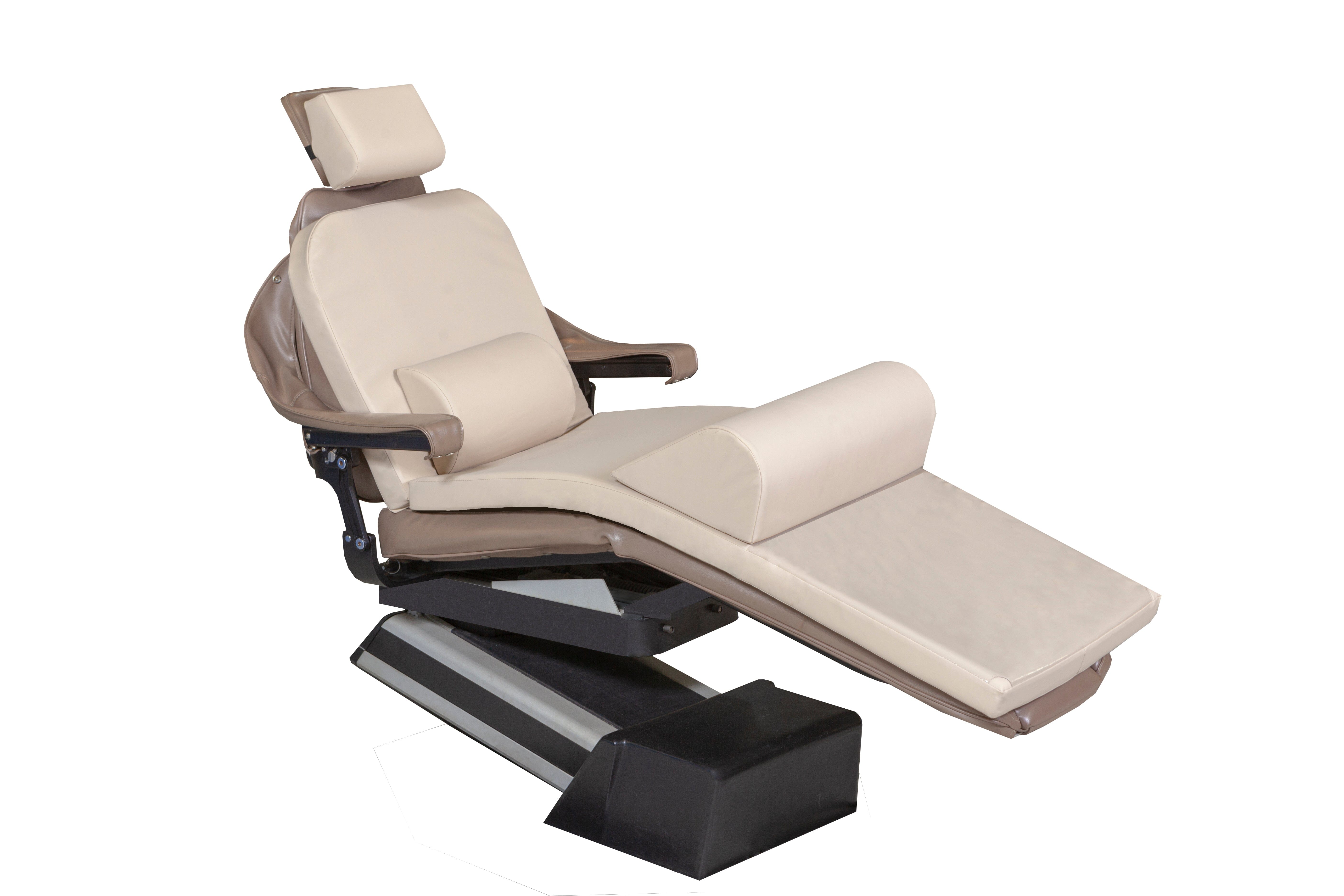 The Mediposture Dental Chair Overlay System with 3.5" Classic Memory Headrest by Mediposture is shown on a beige reclining medical chair with adjustable headrest, armrests, and leg support, enhancing patient comfort against a plain white background.