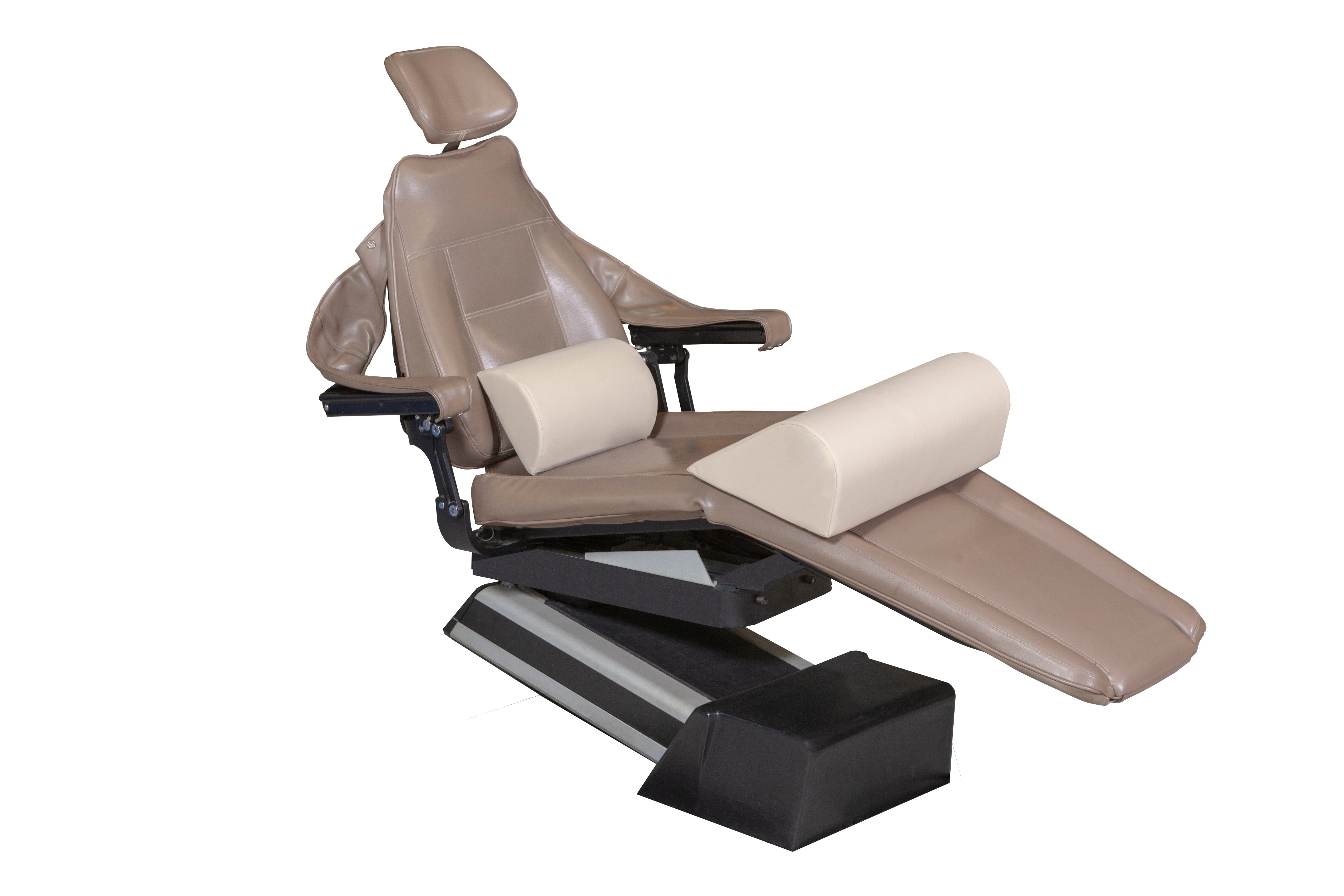The Mediposture Knee Lift & iCore Memory Backrest Combo by Mediposture is a brown reclining dental or medical chair with headrest, armrests, cushioned supports, and an iCore memory backrest for enhanced patient comfort, isolated on a white background.