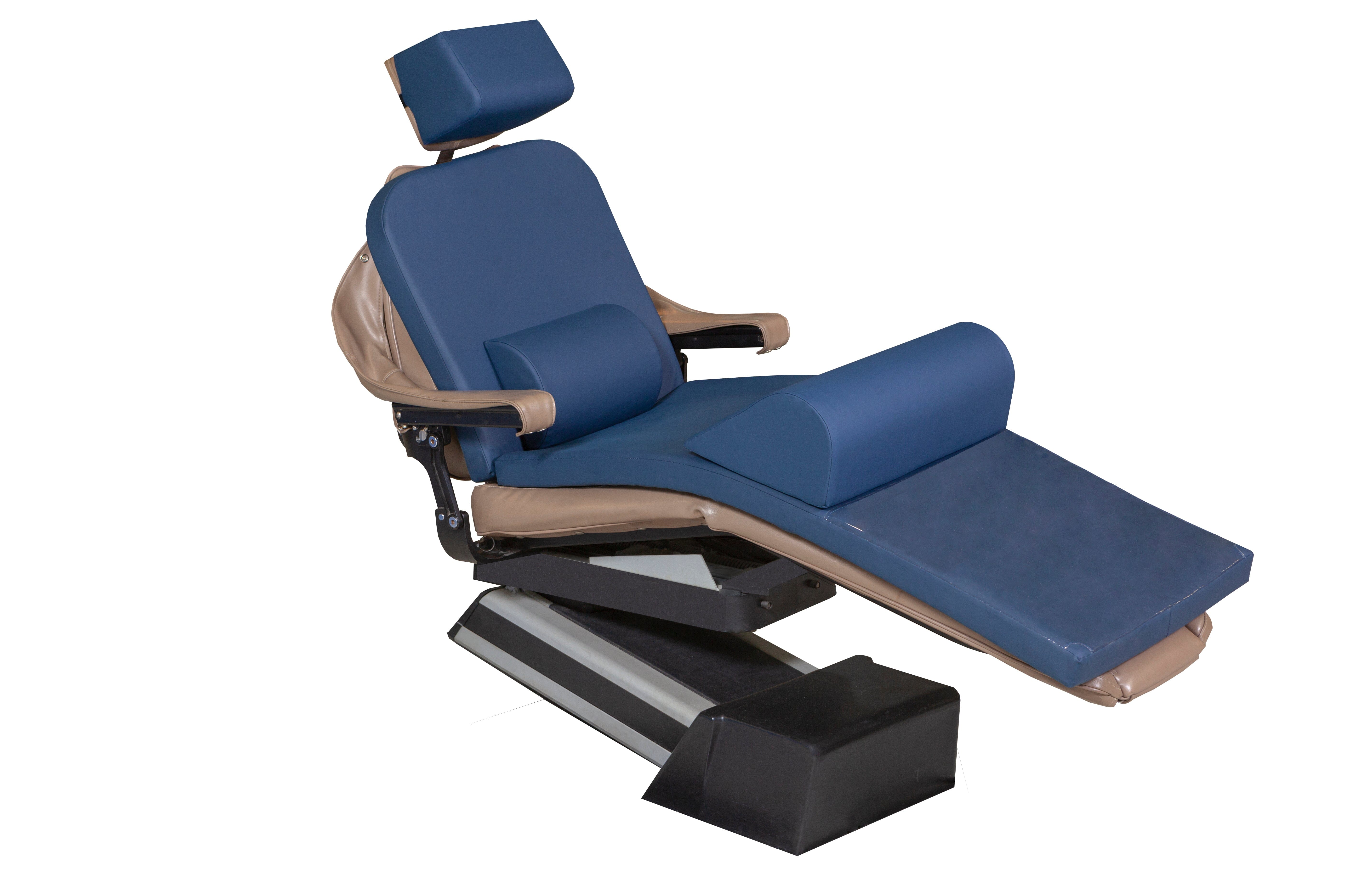The Mediposture Dental Chair Overlay System with 6" iCore Geriatric Memory Headrest by Mediposture features a blue and brown design, armrests, adjustable leg support, and black base for patient comfort in dental or medical settings.