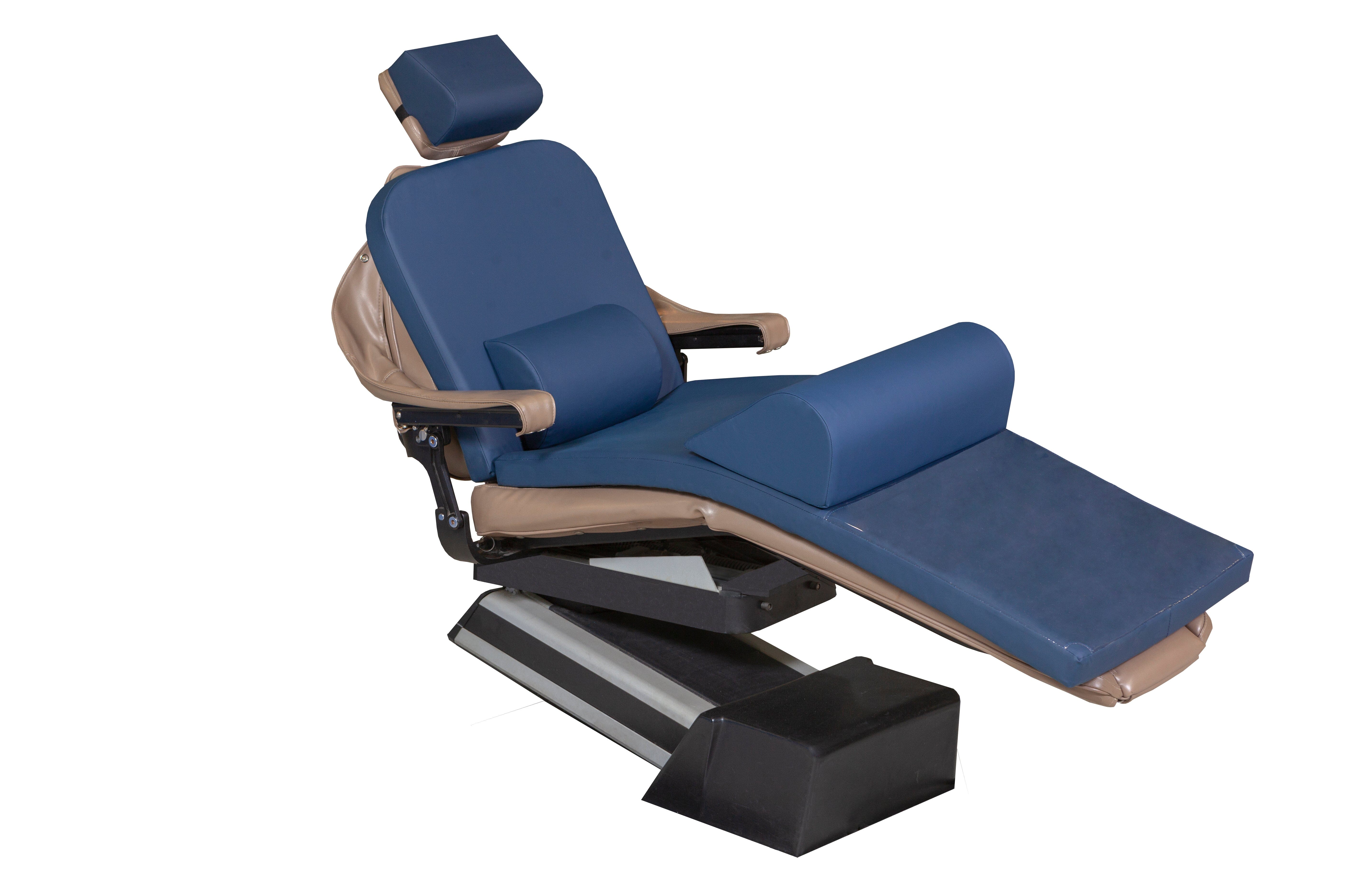 The Mediposture Dental Chair Overlay System by Mediposture features blue and tan cushions, adjustable armrests, a 3.5" iCore Memory Headrest for comfort, and a sturdy black base, all shown isolated on a white background.