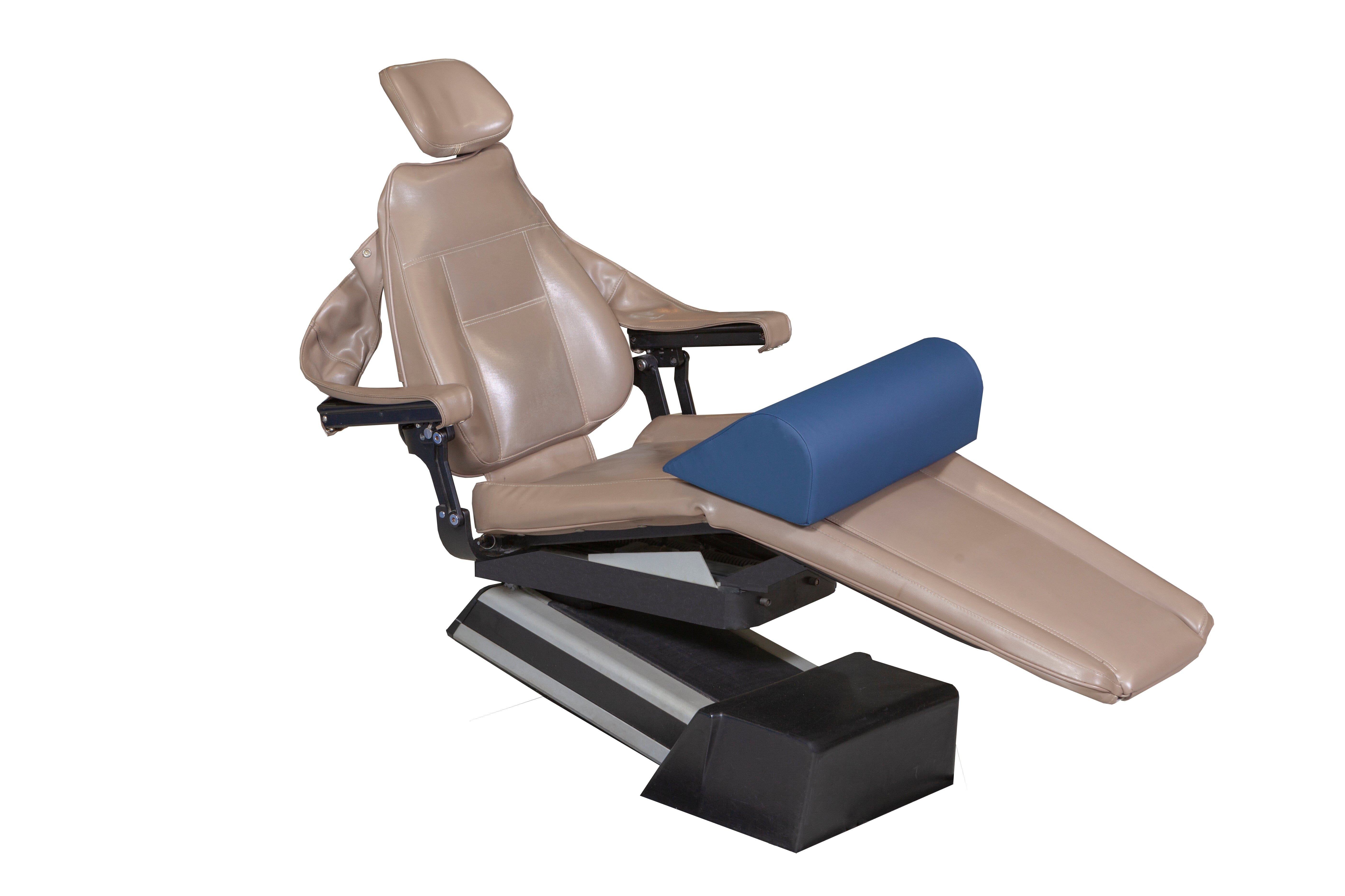 The Mediposture Dental Chair Knee Lift by Mediposture is a brown reclining chair with armrests and a blue knee cushion, designed for dental patient comfort and lower-back strain relief, shown isolated on a white background.