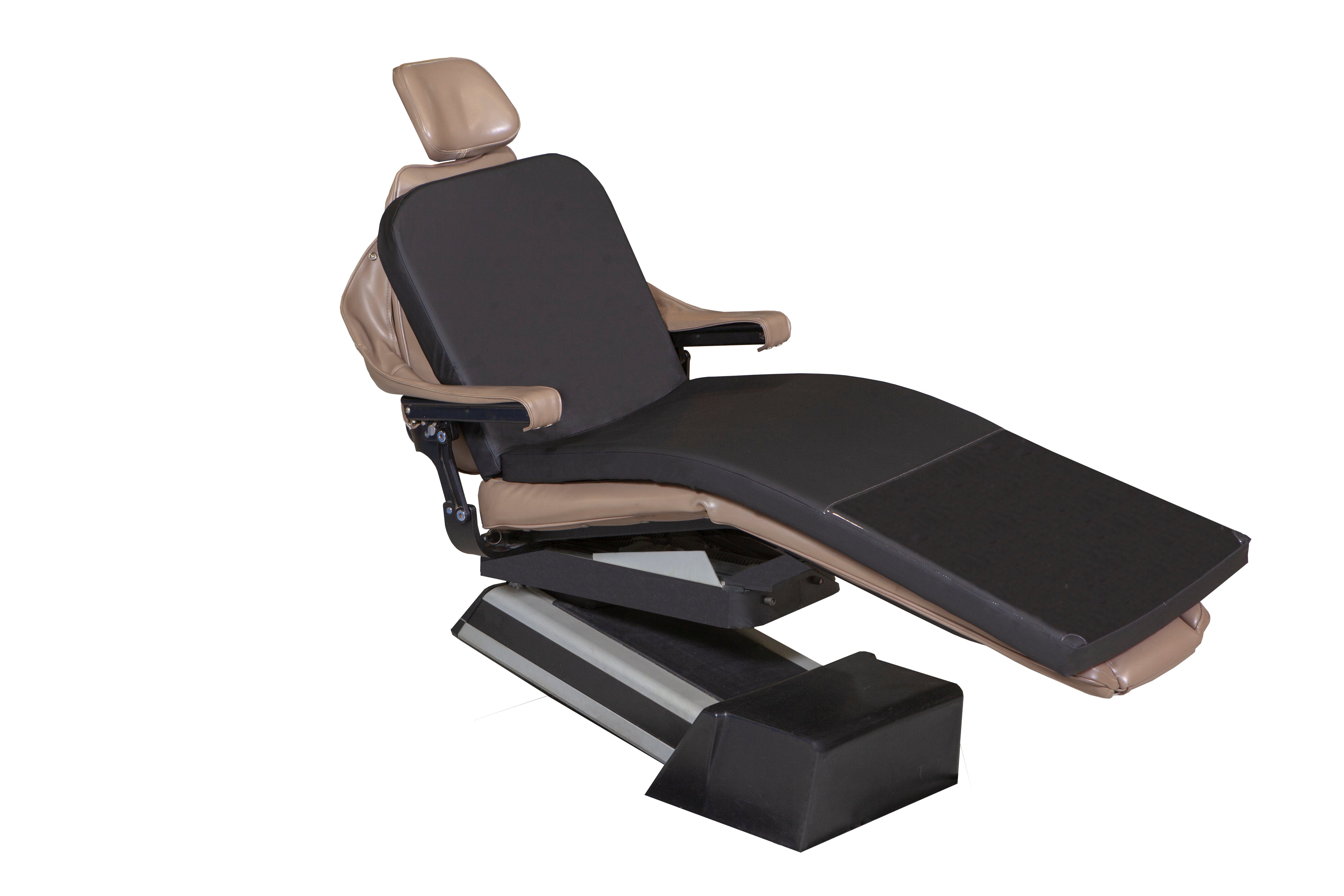 The Mediposture Memory Overlay Pad is a full-length memory foam dental chair cushion by Mediposture, designed for patient comfort on modern dental chairs with adjustable backrests and sturdy metal bases, shown here on a white background.