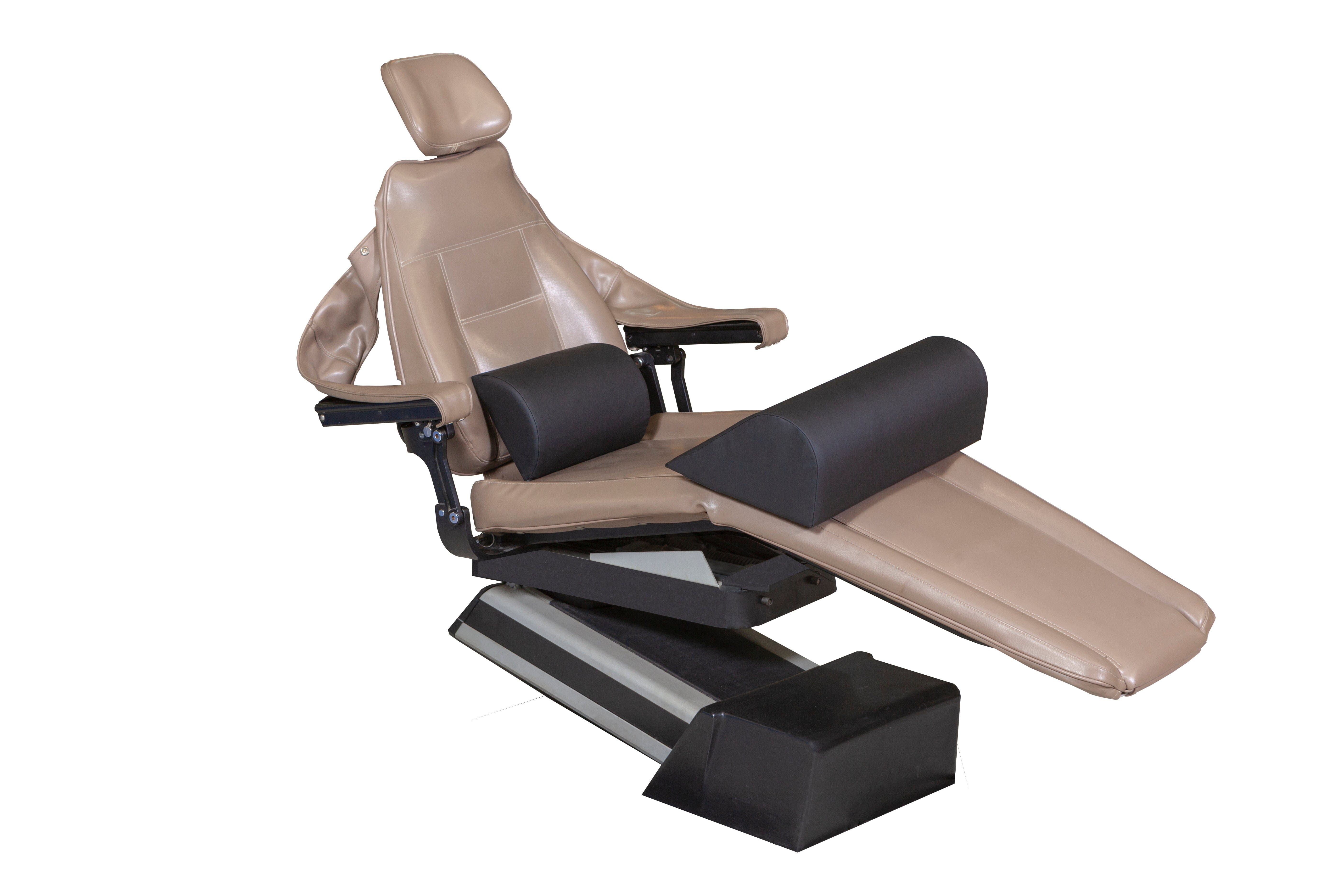 The Mediposture Knee Lift & iCore Memory Backrest Combo by Mediposture is a brown reclining exam chair with black armrests and leg supports, featuring a memory foam knee lift for comfort, shown on a white background.