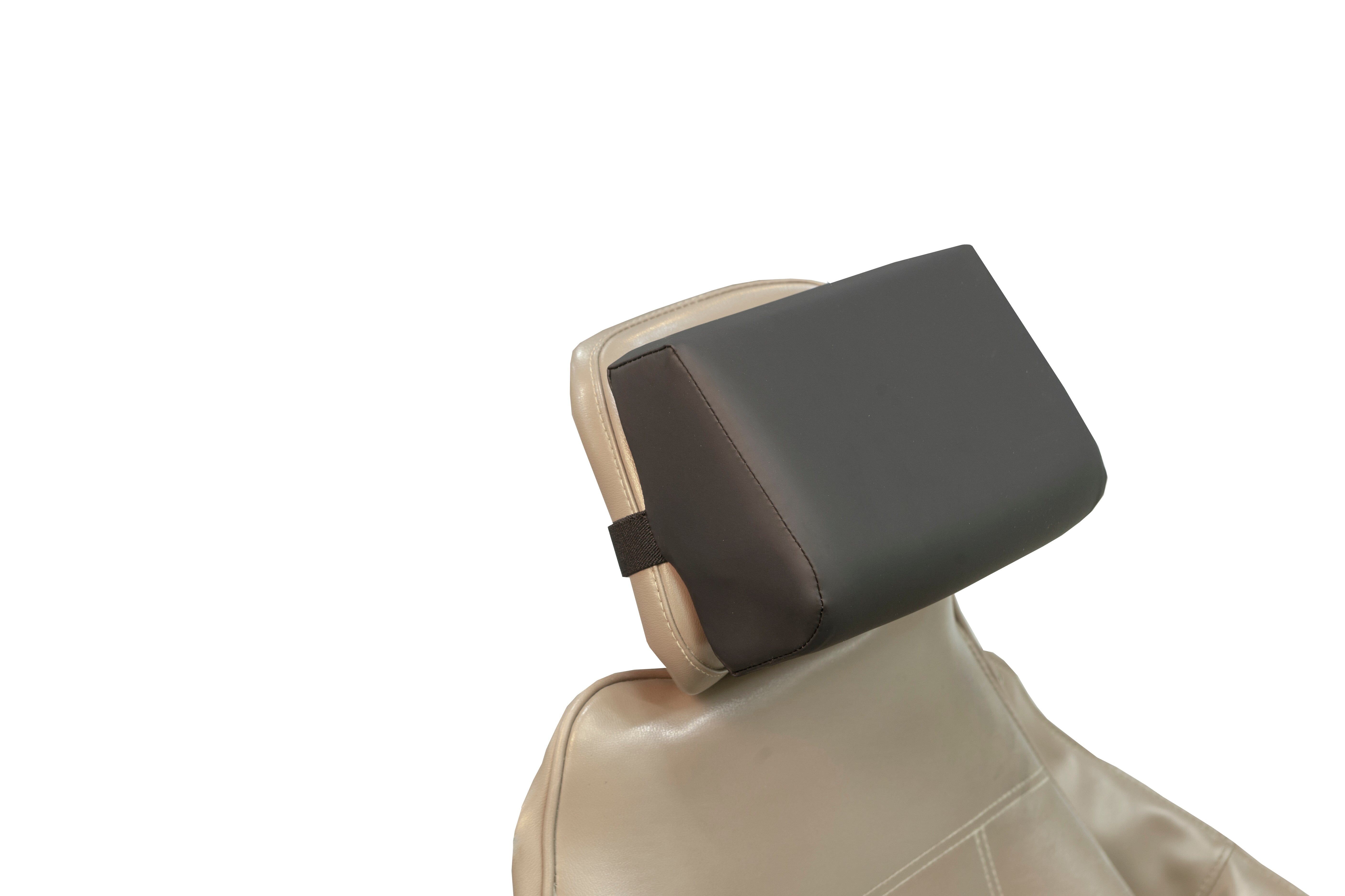 A close-up of a car seat headrest featuring the Mediposture 3.5" Classic Memory Headrest by Mediposture in black, attached to the seat against a white background.