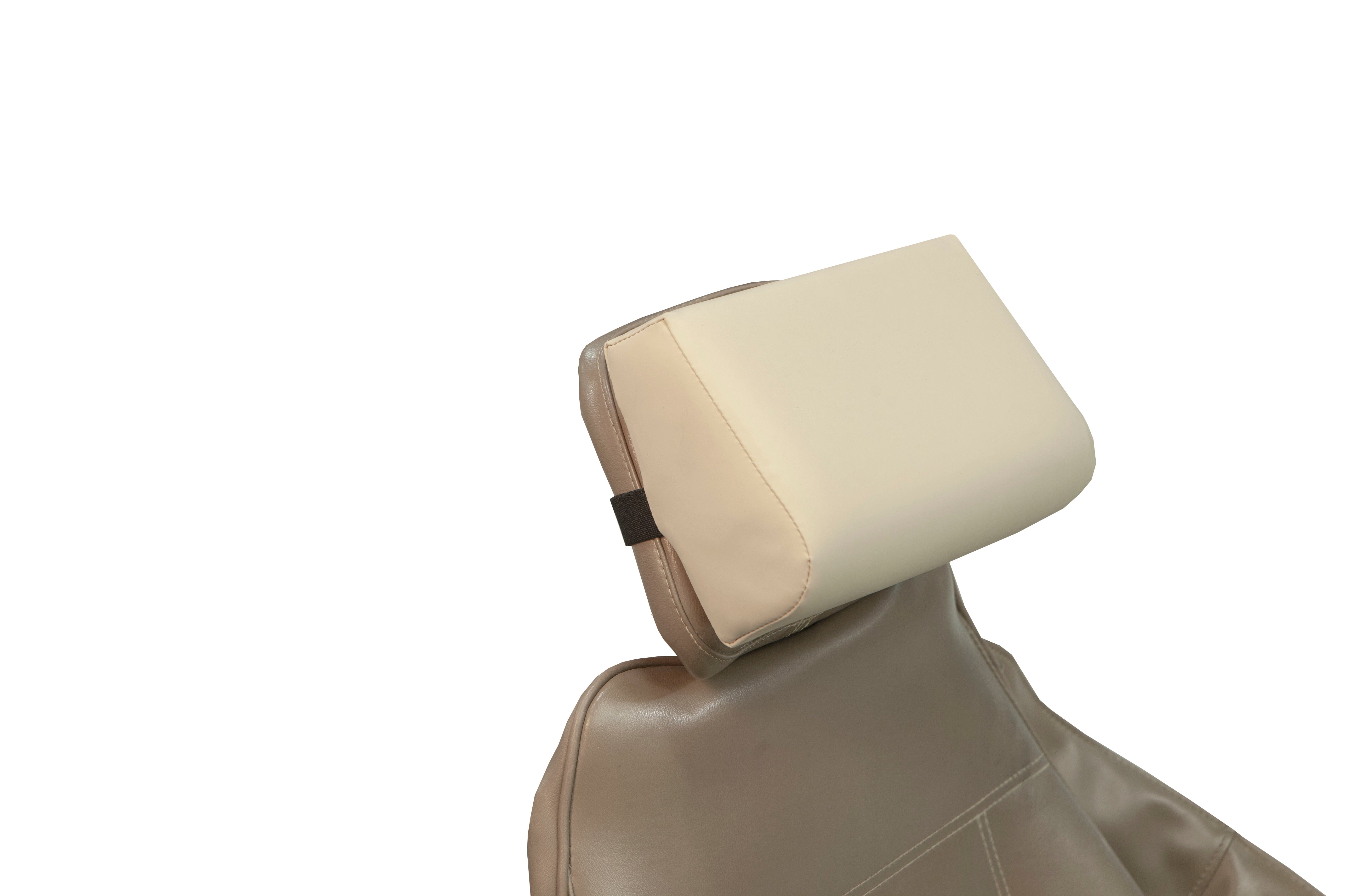The Mediposture 3.5" Classic Memory Headrest by Mediposture in beige and light brown is displayed on the upper part of a matching car seat, isolated on a white background.