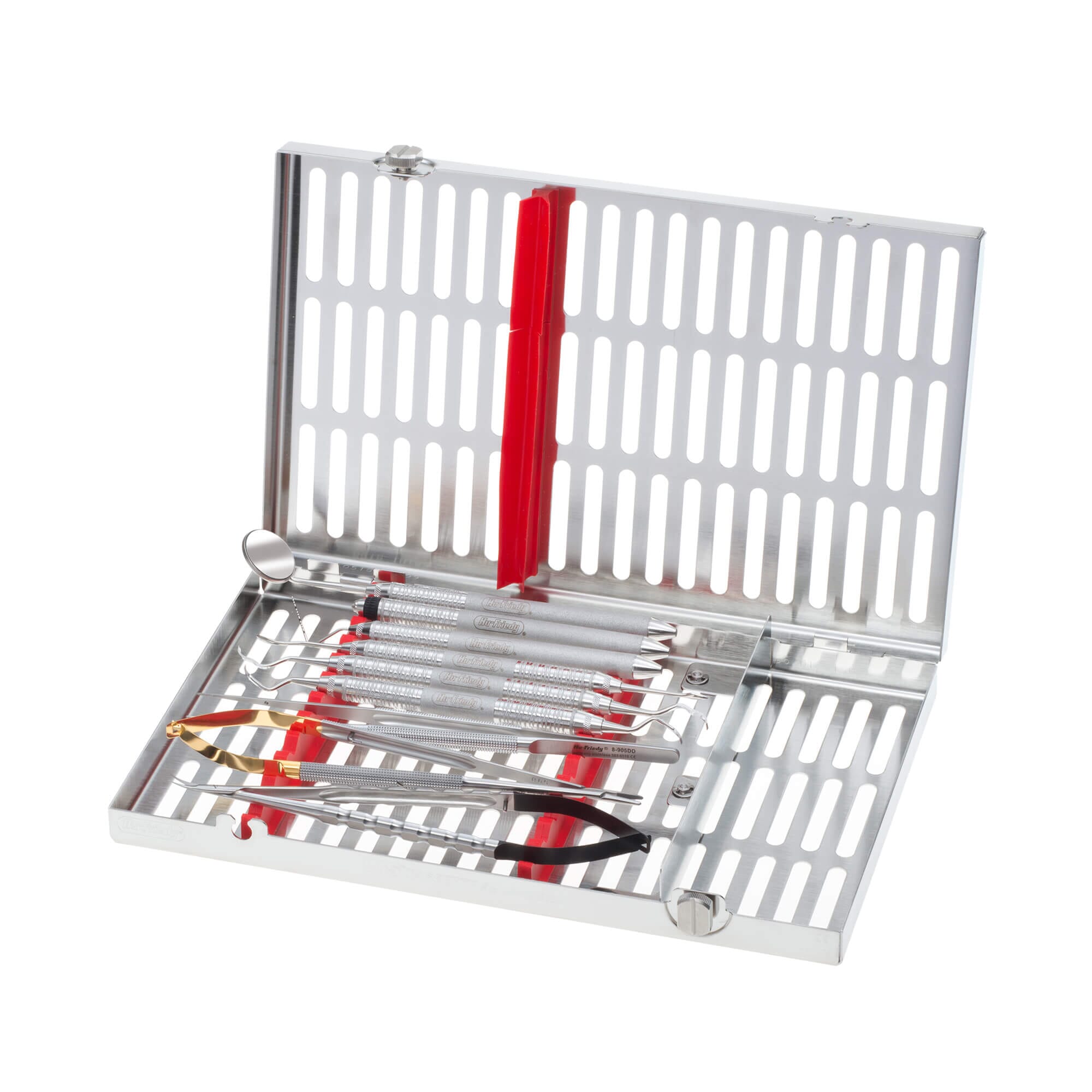 The Hu-Friedy Microsurgical Kit features a stainless steel cassette holding multiple textured-handle dental tools, including tweezers and probes, neatly arranged and secured with red clips for microsurgical procedures.