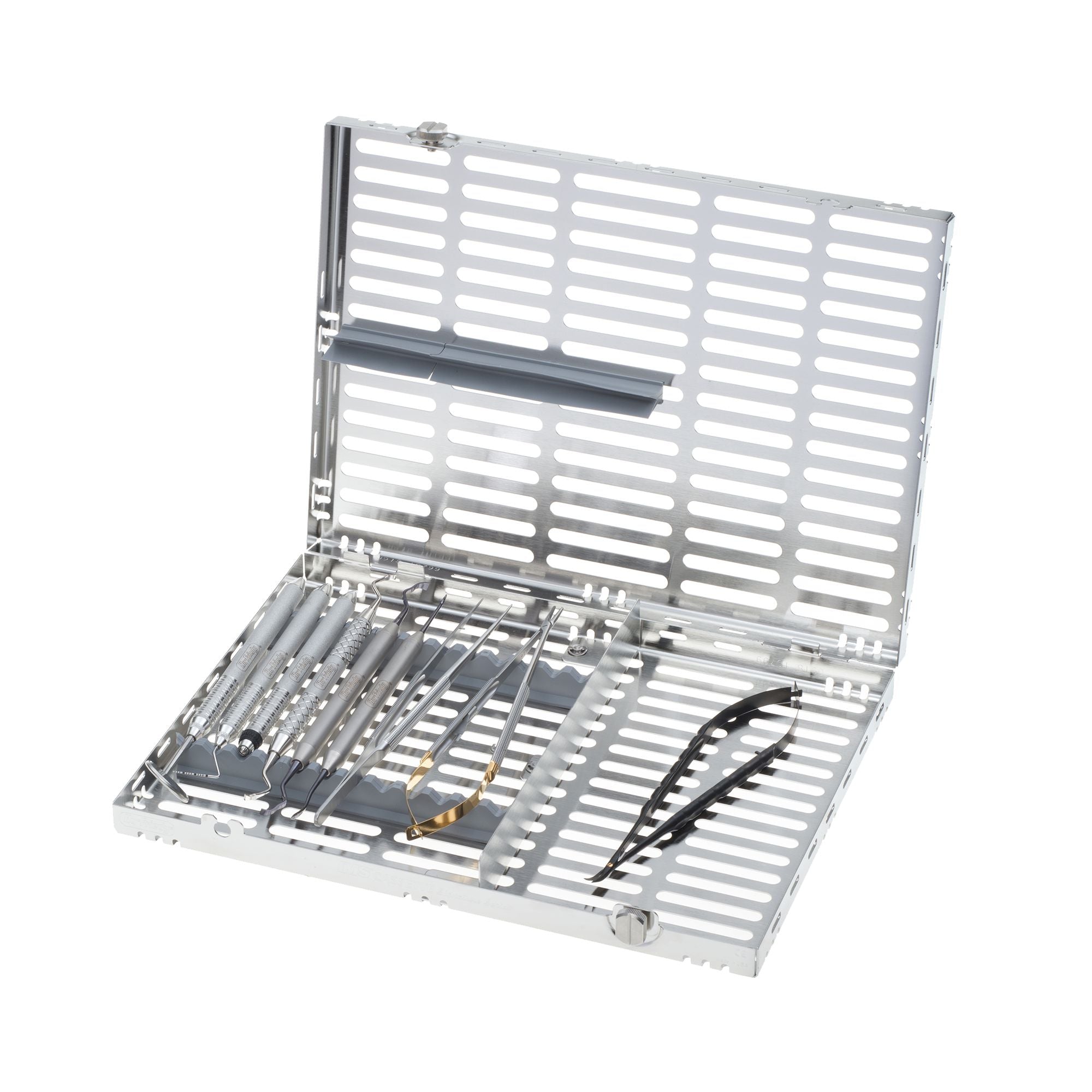 An open metal tray displays the Hu-Friedy Microsurgical Kit, Black Line, with forceps and probes neatly organized in slots inside a ventilated, rectangular container.