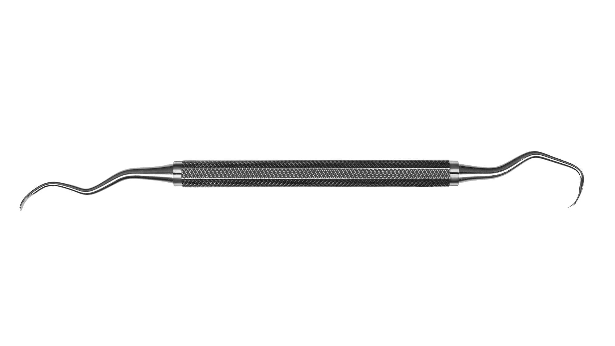 The Hu-Friedy #725 IMPLANT Instrument features a 522 handle and curved, pointed tips at both ends, designed for dental cleaning or examination.