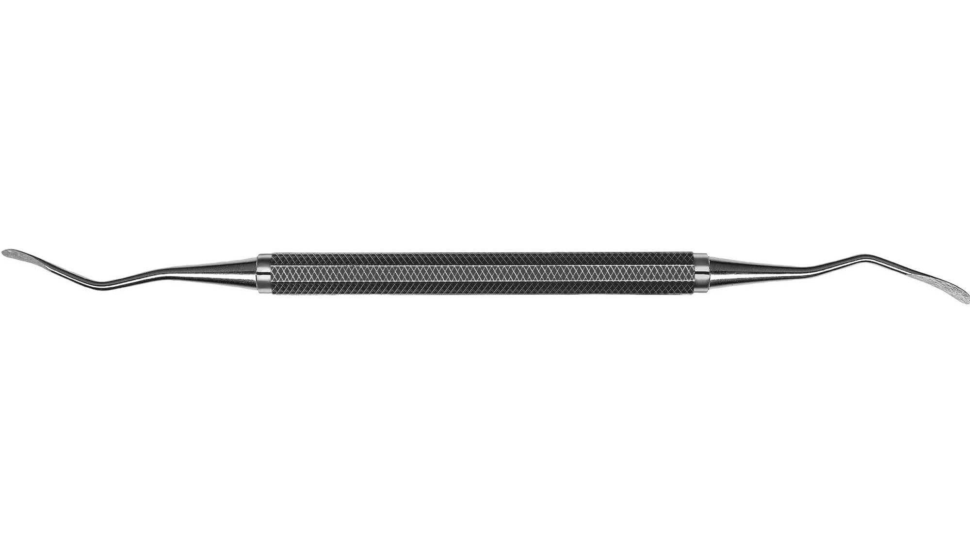 The Hu-Friedy #914 IMPLANT Instrument-522 Handle is a double-ended stainless steel tool with a textured center grip and curved, pointed tips for dental cleaning or exams, as shown against a white background.