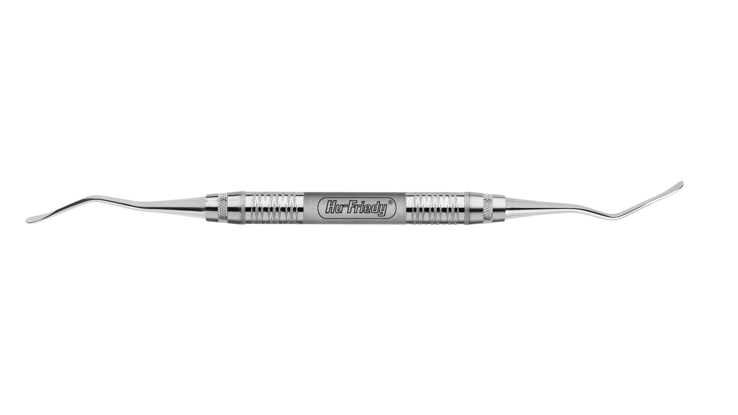 The Hu-Friedy 914 Sinus Curettes, a metal dental tool with textured grip and curved tips at both ends, is engraved with Dr. Freddy on the handle and designed for precise maxillary sinus lift procedures. Shown against a white background.