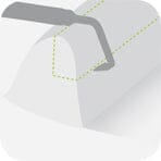 A W&H Piezomed Bone Surgery Tip is positioned above a gray rectangular block with rounded edges, showing a dotted line to indicate a cutting path across the block, illustrating atraumatic bone cutting techniques often used in oral and maxillofacial surgery.