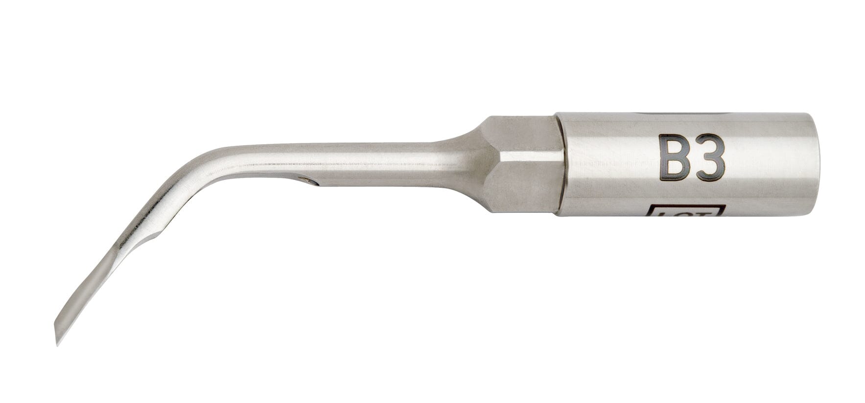 A close-up of a W&H Piezomed Bone Surgery Tip, model B3, shows its curved, pointed metal end and hexagonal base, specifically engineered by W&H for atraumatic bone cutting in oral and maxillofacial surgery.