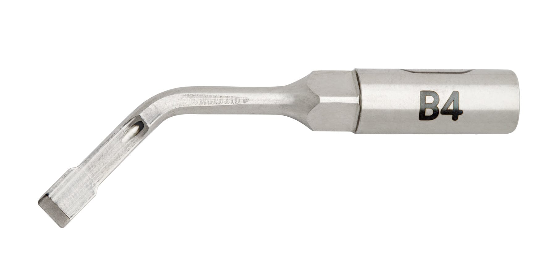 A W&H Piezomed Bone Surgery Tip, labeled B4, features a bent shaft and a flat, angled end designed for dental procedures such as atraumatic bone cutting in piezoelectric bone surgery or oral and maxillofacial surgery.