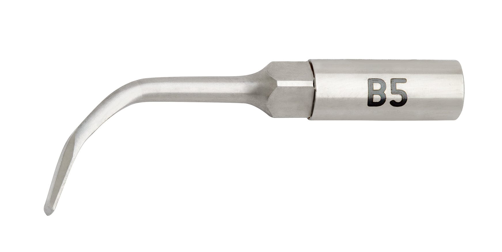 A close-up of a W&H Piezomed Bone Surgery Tip labeled B5, featuring a metallic, slightly curved, pointed end and shown isolated on a white background; this precision instrument by W&H is commonly used in piezoelectric bone surgery for atraumatic bone cutting in oral and maxillofacial procedures.