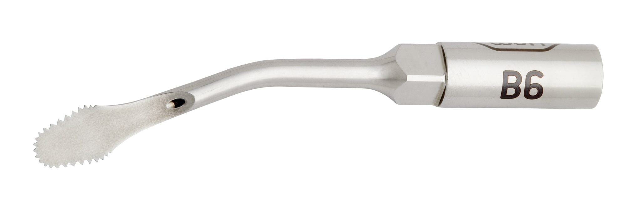 A close-up of a W&H Piezomed Bone Surgery Tip, a metal dental instrument with a serrated, curved tip and "B6" etched on the side, designed for atraumatic bone cutting in oral and maxillofacial surgery.