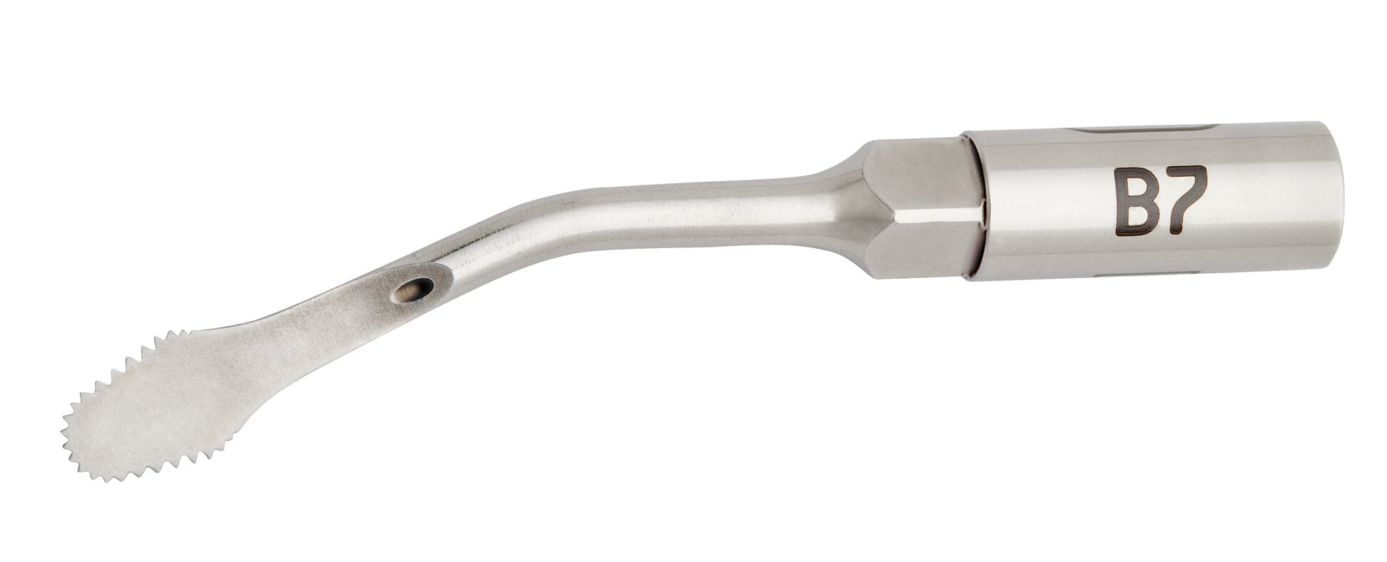 The W&H Piezomed Bone Surgery Tip by W&H is a stainless steel dental instrument featuring a serrated, angled tip and "B7" engraved on the handle, designed for use in oral and maxillofacial surgery as well as for atraumatic bone cutting during dental or surgical procedures.