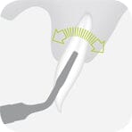 Illustration of W&H Piezomed Extraction Tips by W&H in use, with green arrows showing circular motions on the tooth surface, emphasizing extraction techniques that help preserve alveolar bone.