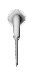 A grayscale image of a single W&H Piezomed Extraction Tip by W&H, featuring an elongated, pointed design with a rounded top and flat base, resembling a tool for atraumatic tooth extraction, shown on a white background.