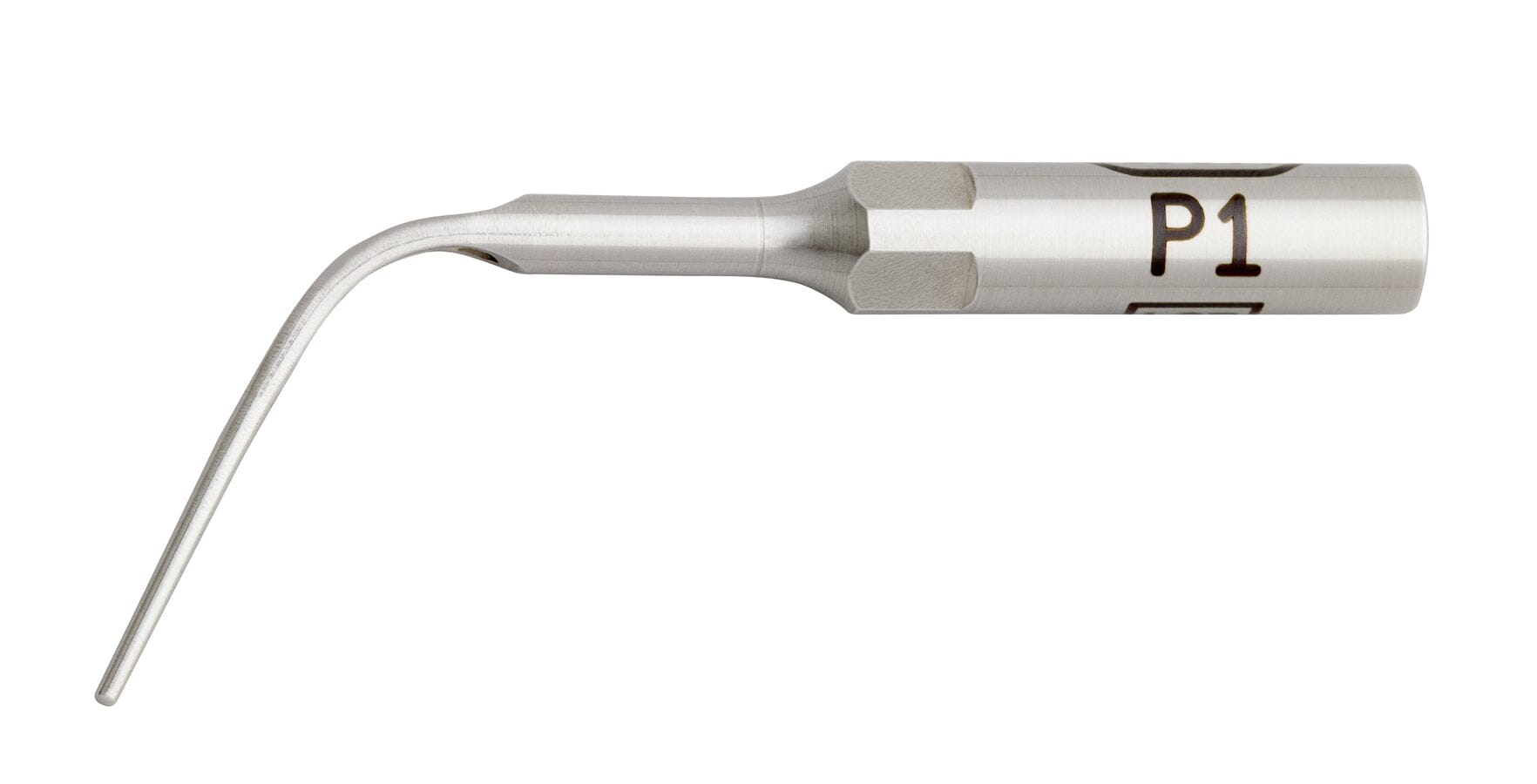 A close-up of the W&H P1 tip for Piezomed, a metal dental ultrasonic scaler accessory with a curved, pointed end and hexagonal base for secure attachment.