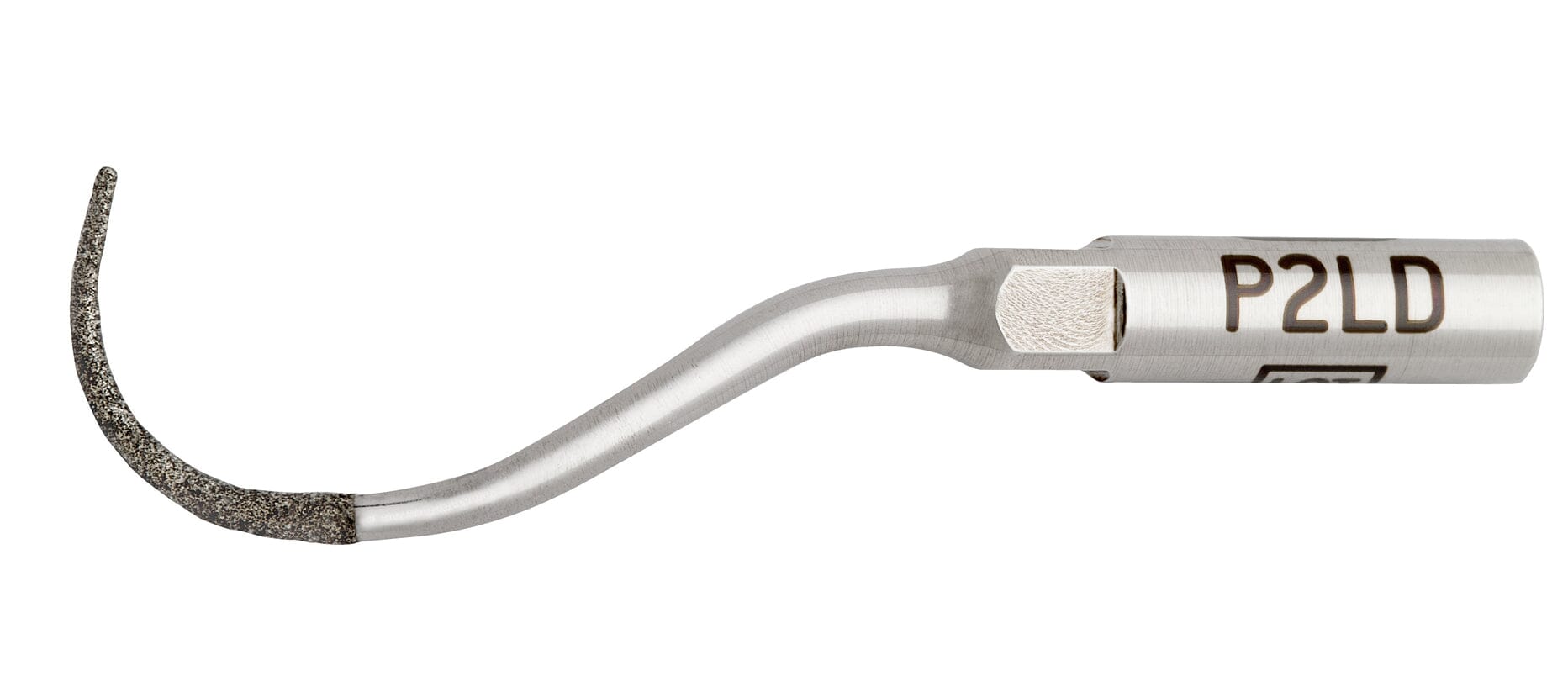 A close-up of the W&H P2LD textured tip for Piezomed, a metal dental ultrasonic scaler accessory with a curved, pointed end and hexagonal base for secure attachment.